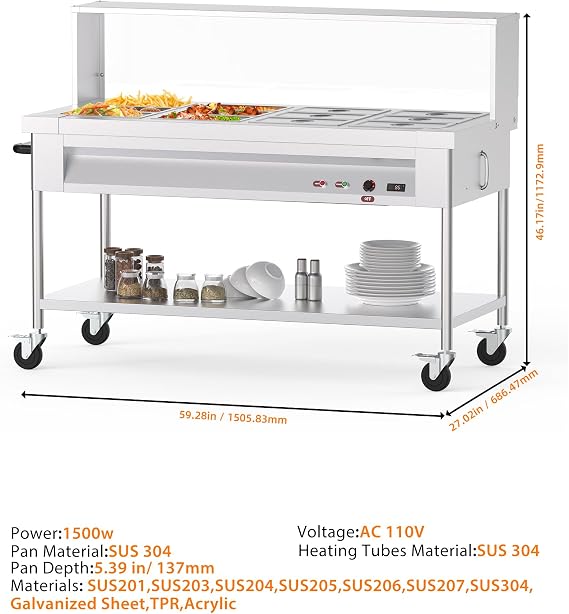 96QT Steam Table 12x8QT Electric Commercial Food Warmer 12-Pans with Acrylic Shield Stainless Steel Bain Marie Countertop with Lockable Wheels for Restaurants Buffets Party 1500W, 110V