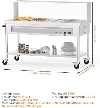 96QT Steam Table 12x8QT Electric Commercial Food Warmer 12-Pans with Acrylic Shield Stainless Steel Bain Marie Countertop with Lockable Wheels for Restaurants Buffets Party 1500W, 110V