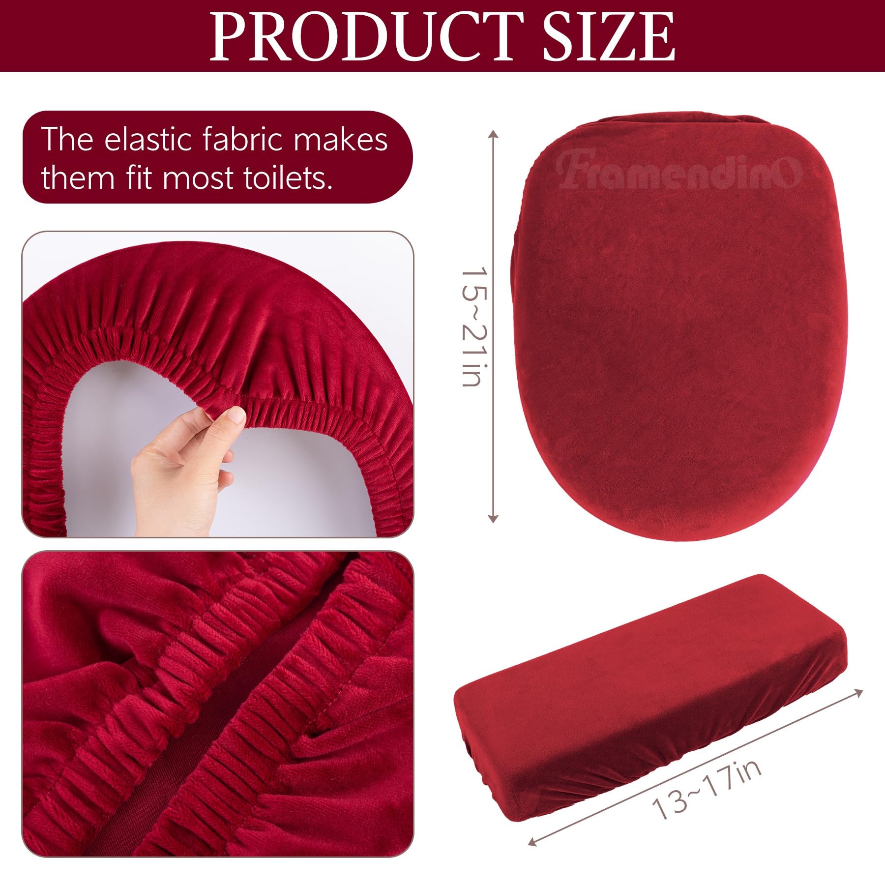 Framendino, Velvet Toilet Lid Cover and Tank Cover Stretch Toilet Covers Set With Elastic Bottom for Bathroom Decor (Burgundy)