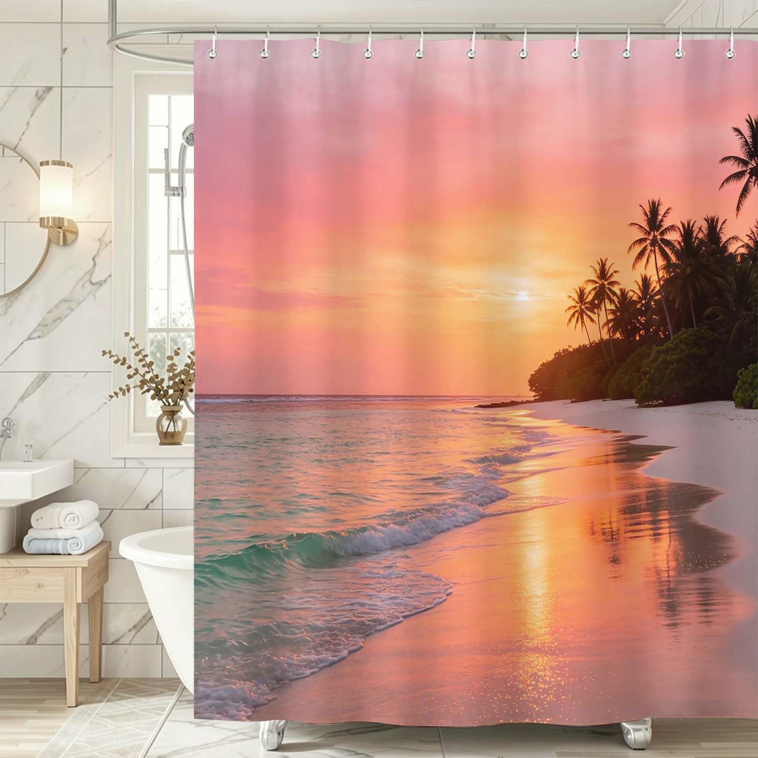 Rideau de Douche Anti Moisissure Coucher de Soleil sur la Mer, Rideau de Bain Hawaï 3D Rideaux de Douche en Polyester, Imperméable, Lavable en Machine, avec Crochets, 300 x 200 cm 1441-YLP