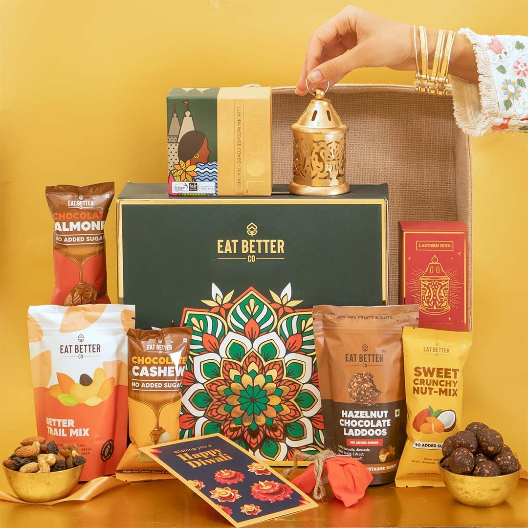 Eat Better Co Prakriti Diwali Gift Hamper with Jute Tray - 10 Item Gift Pack - Dry Fruits Laddoo, Chocolate Coated Nuts with Phool Incense Cones & Lanten Diya | Diwali Gift Box for Friends & Family (B0DGL66SYF) Amazon Price History, Amazon Price Tracker