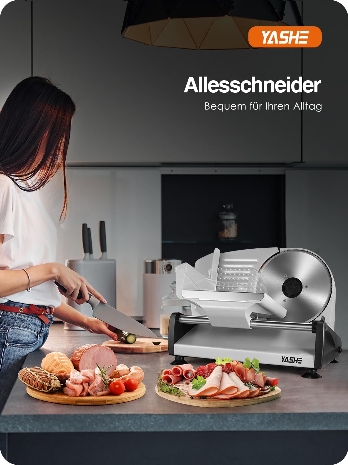 YASHE Allesschneider Elektrisch 250W Brotschneidemaschine 19cm Gezahntes & Glattes Messer Einstellbare Schnittstärke 0-15mm