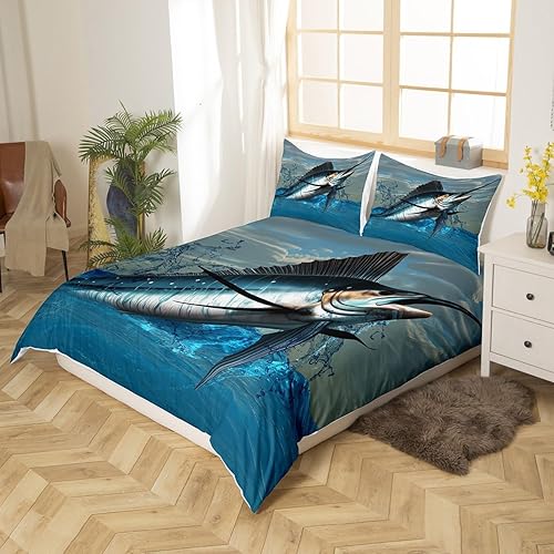 Miniatura 2 de Funda de edredón verde azulado con diseño de pez espada marlin, juego de ropa de cama con temática de pesca náutica para niños, adolescentes y