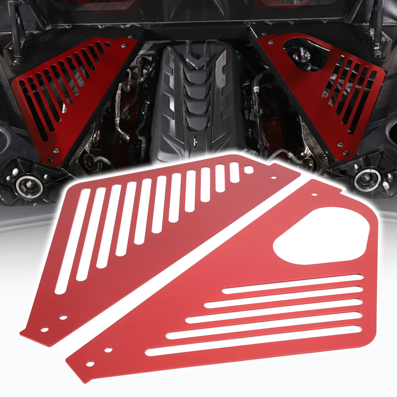 Engine Bay Panel Cover Compatible with Chevrolet Corvette C8 2020-2023, Aluminum Alloy Rear Engine Covers Left Right Engine Case Guards Protector Splash Shield, C8 Accessories 2PCS (red-obliquehole)