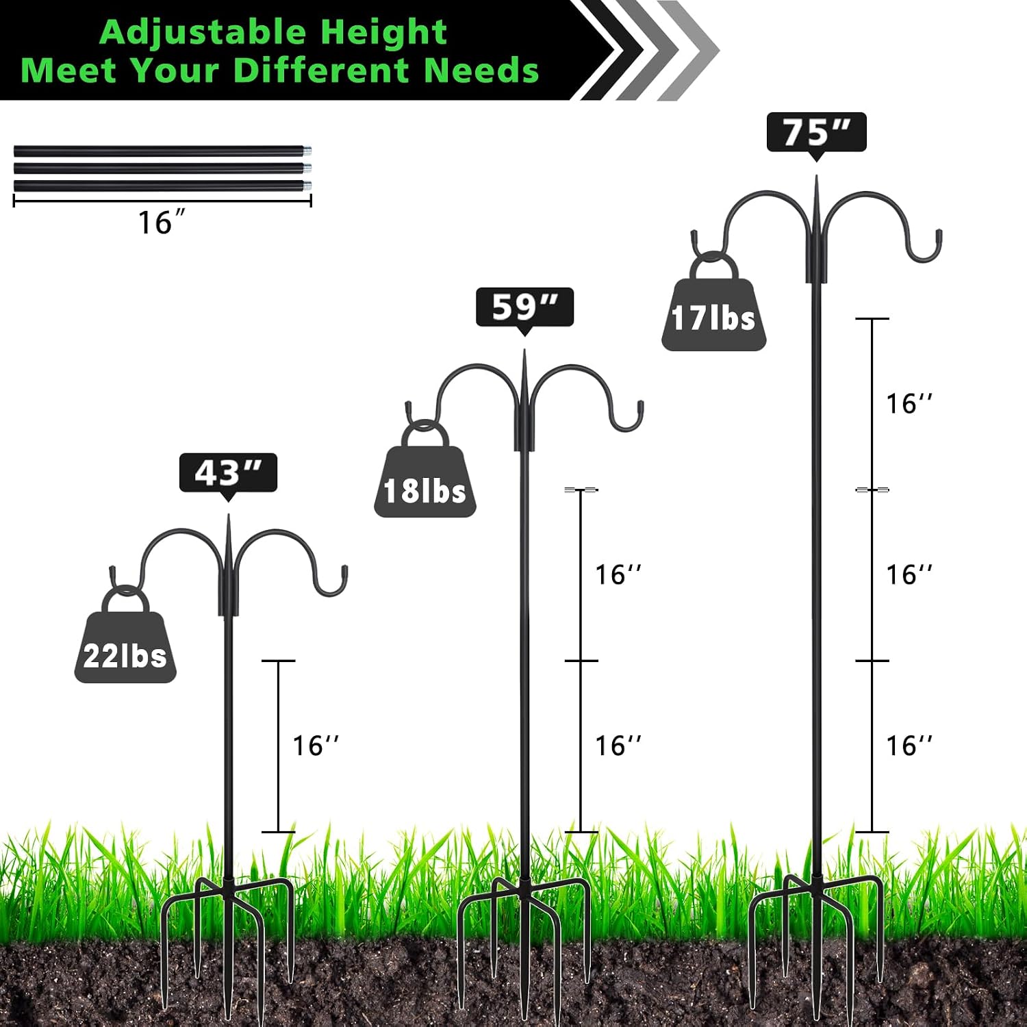 FEED GARDEN Adjustable Double Shepherd Hook for Outdoor with 5 Prong Base 75 Inch Heavy Duty Two Sided Bird Feeder Pole for Hanging Plant Baskets, Solar Light Lanterns, Wind Chimes 2 Pack