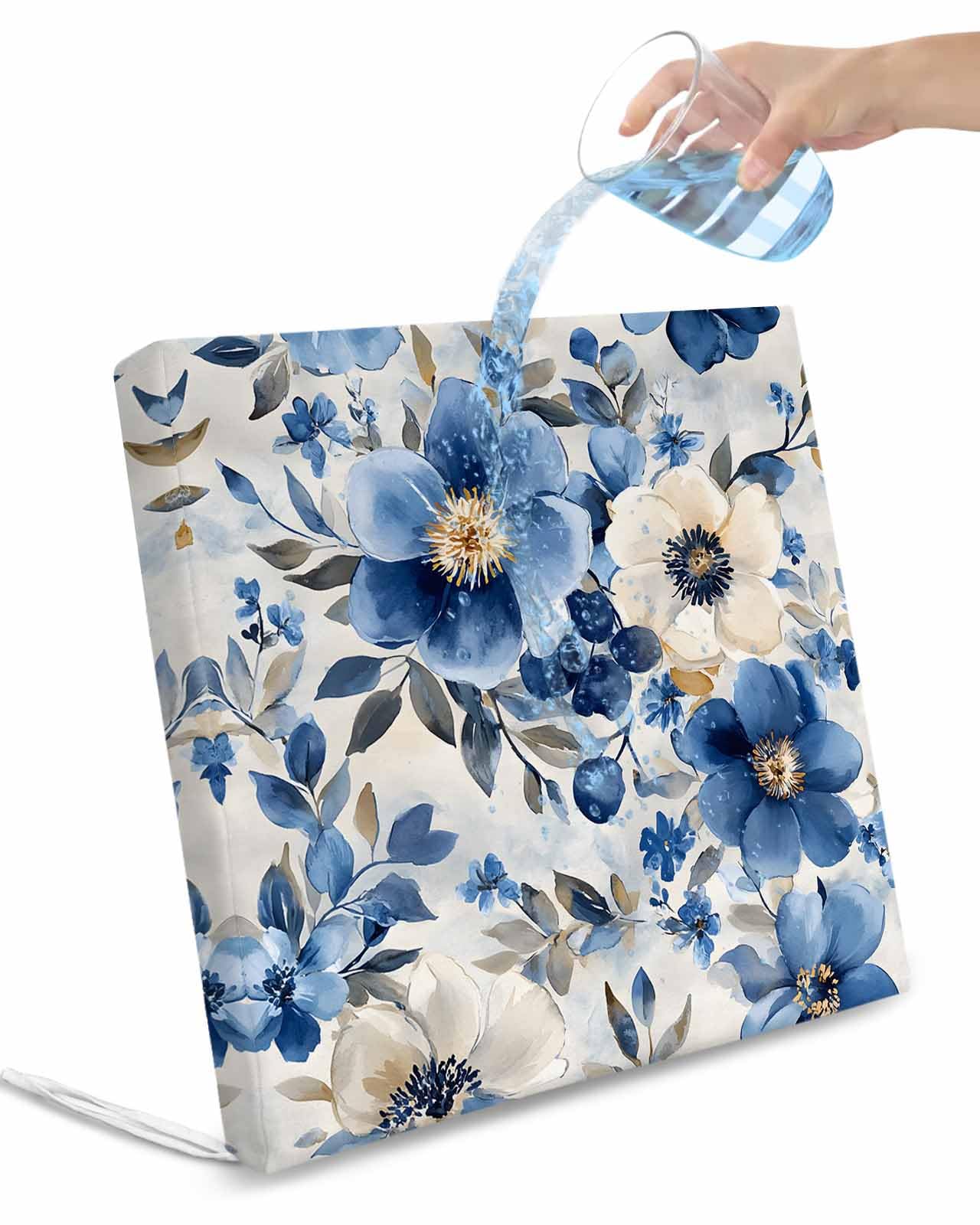 2 Pack Blue Flower Waterproof Cushion Covers with Ties, Outdoor Patio Chaise Lounge Chair Seat Cushion Slip Covers Replacement(Only Cover) Retro Modern Graffiti Art Paint Botanicals 20