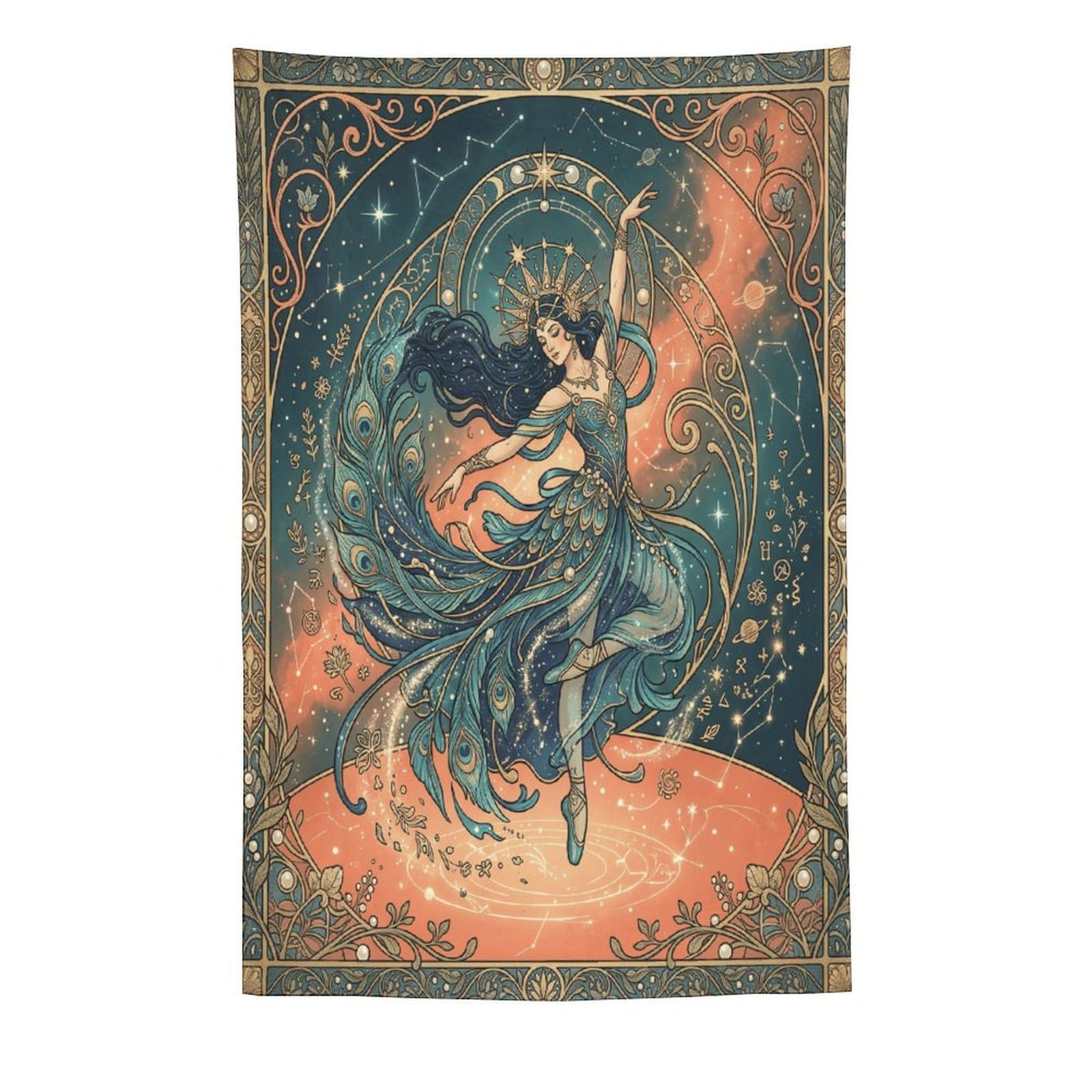 W7C8U2X3 Peacock Dancer Vintage Wall Tapestry, Detailed Illustration Style
