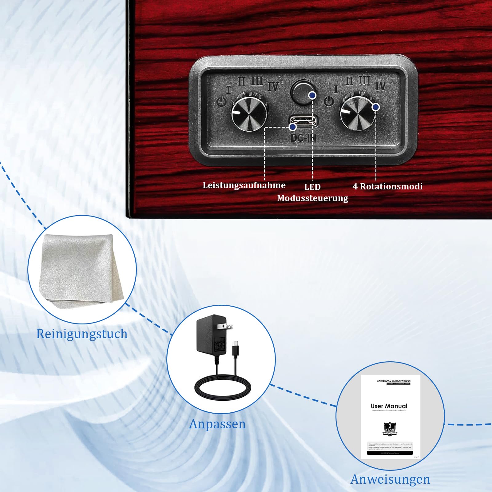 Uhrenbeweger für Automatikuhren, Automatikuhren-Winderbox mit LED-Beleuchtung, 4 Uhrenbeweger mit leisem Motor und 4 Rotationsmodi