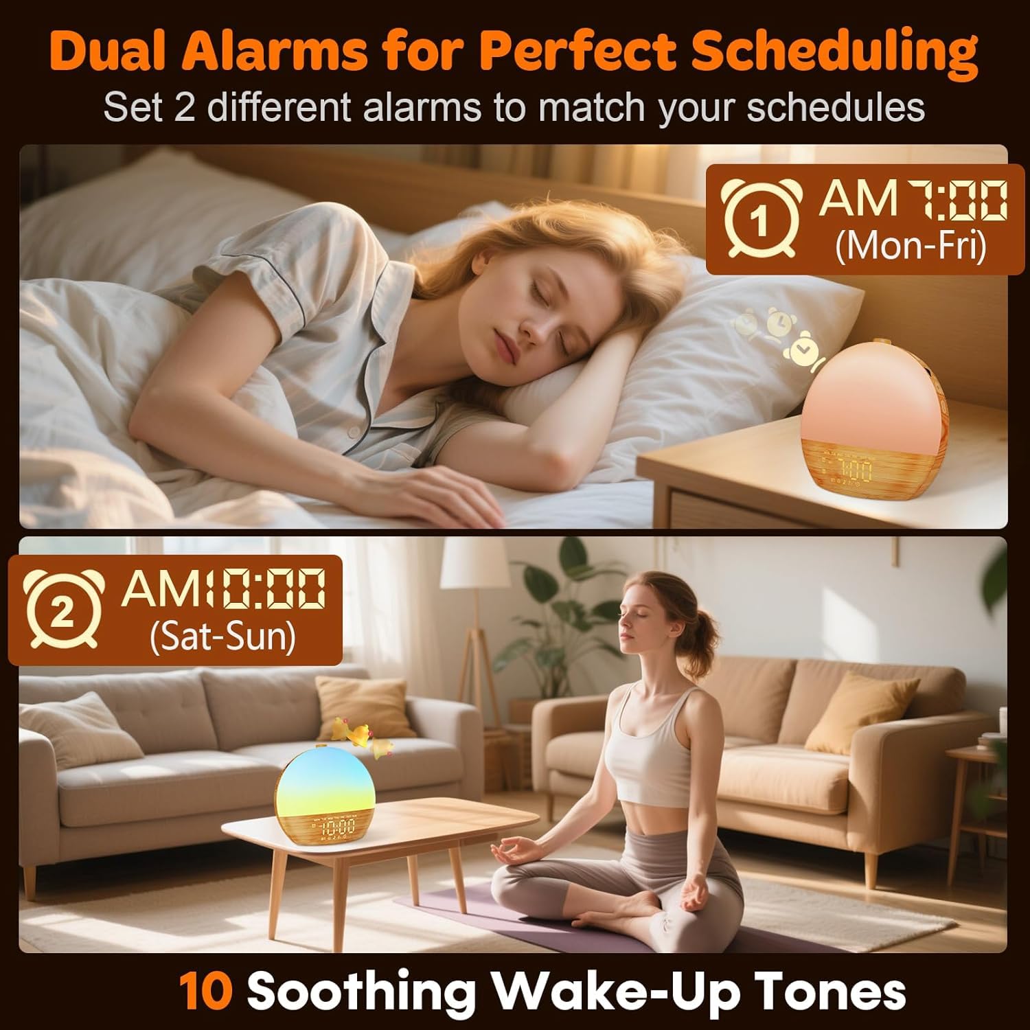 Reloj despertador Sunrise con máquina de sonido, luz de despertador, Bluetooth, doble reloj despertador digital para dormitorios, brillo ajustable, 30 sonidos de sueño (AA)