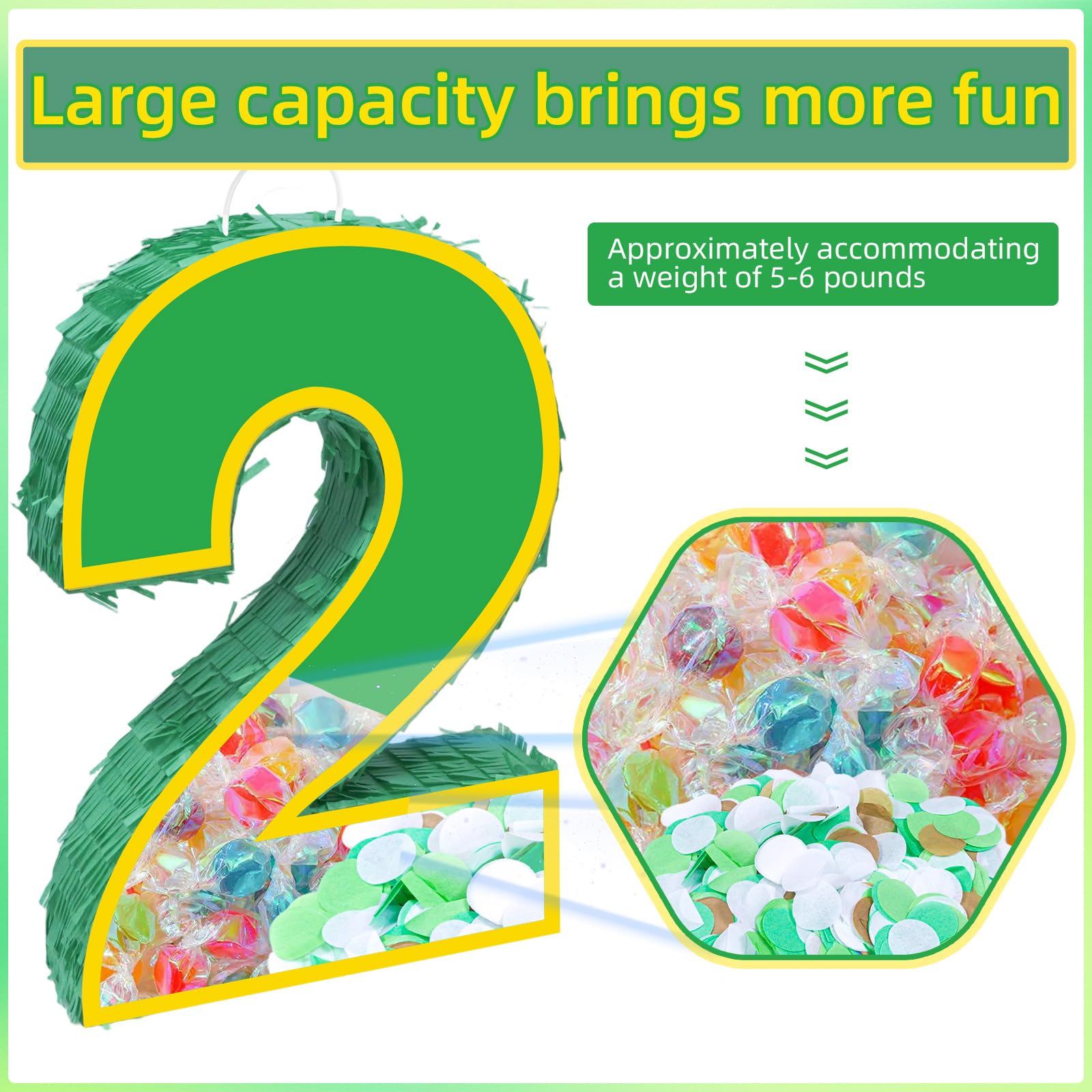 Decoraciones de fiesta de cumpleaños amarillo y verde, piñata número 2 amarillo y verde de 15.7 pulgadas con confeti para niñas y niños, decoraciones de fiesta de segundo cumpleaños