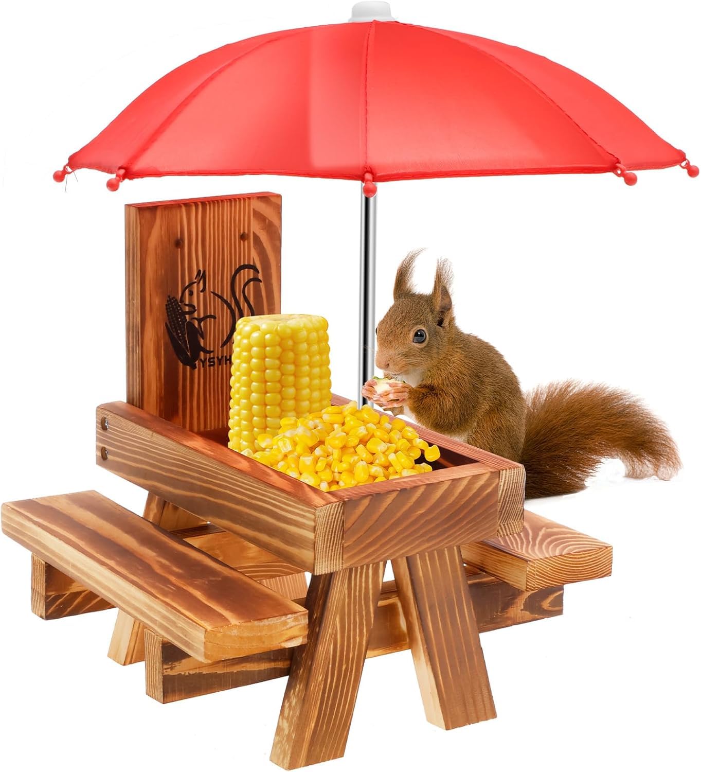 Alimentador de ardilla de madera con paraguas,Alimentador de ardilla para exteriores Mesa de picnic Divertida con estructura sólida Alimentador de ardilla con soporte para mazorcas de maíz