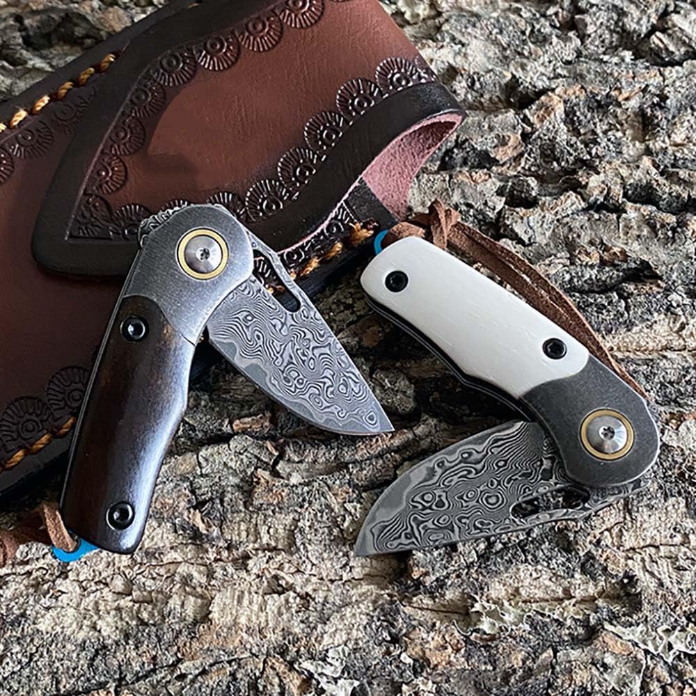 Klappmesser 3.7" Klein Damast Taschenmesser aus Rinderknochen Damaszener Damaststahl, edc messer outdoor scharfe einhandmesser, Damaskus Geschmiedet Stahl Messer Survival Jagdmesser, mini neck knife