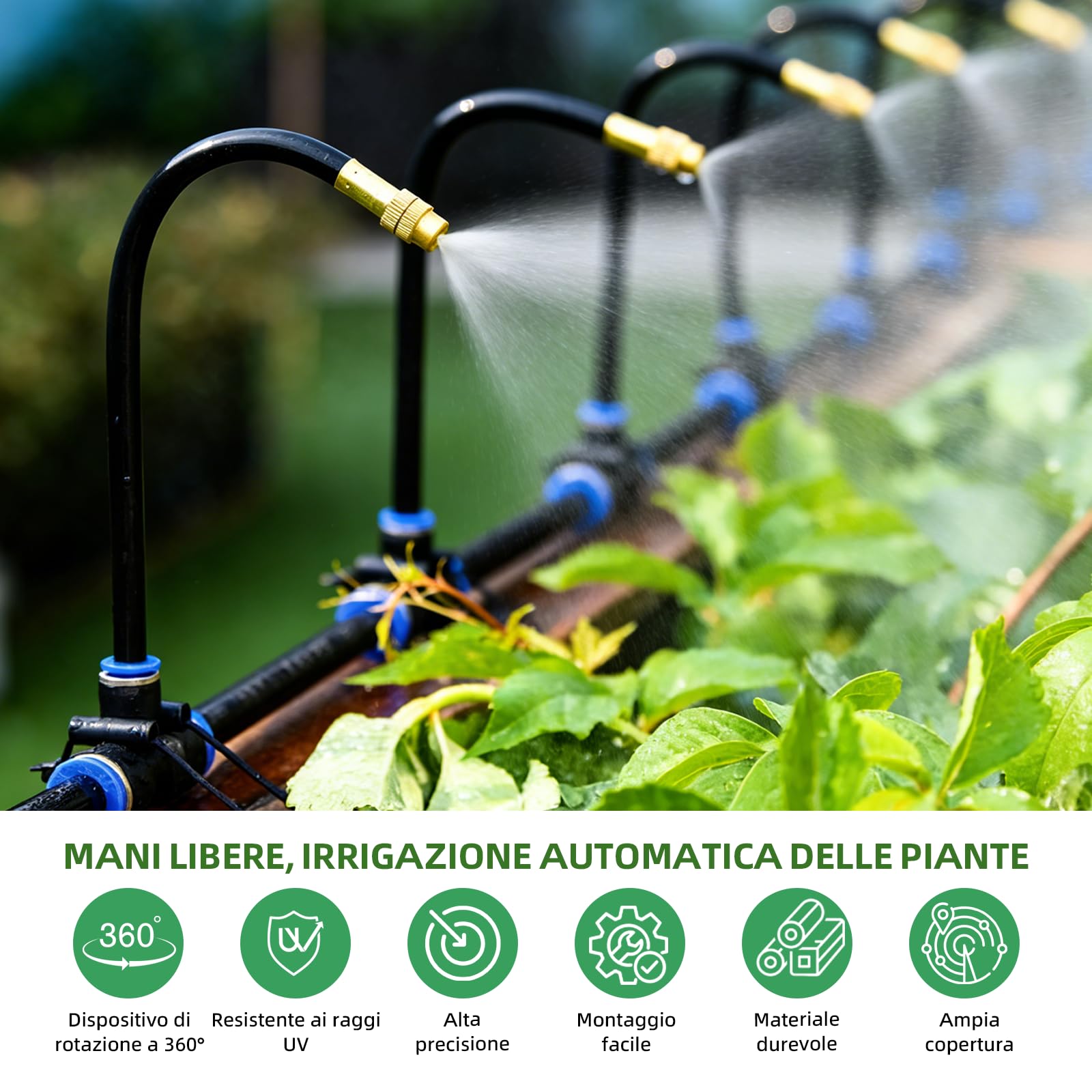 Set di sistemi di irrigazione – 15 metri con micro irrigatori girevoli a 360°, adatto per l'irrigazione automatica e uniforme di giardini da balcone, serre, piante in vaso e prati.