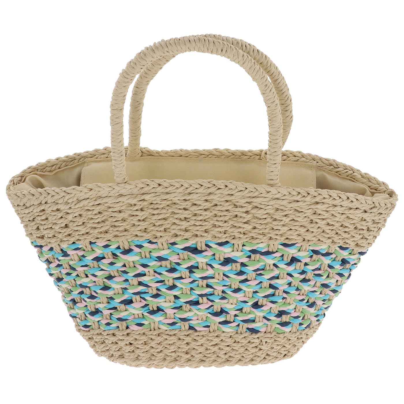 Equilibrium Mint And Blue Woven Candy Stripe Tote Bag, Mint Blue, Natural Straw Basket With Colorful Woven Detail And Handles