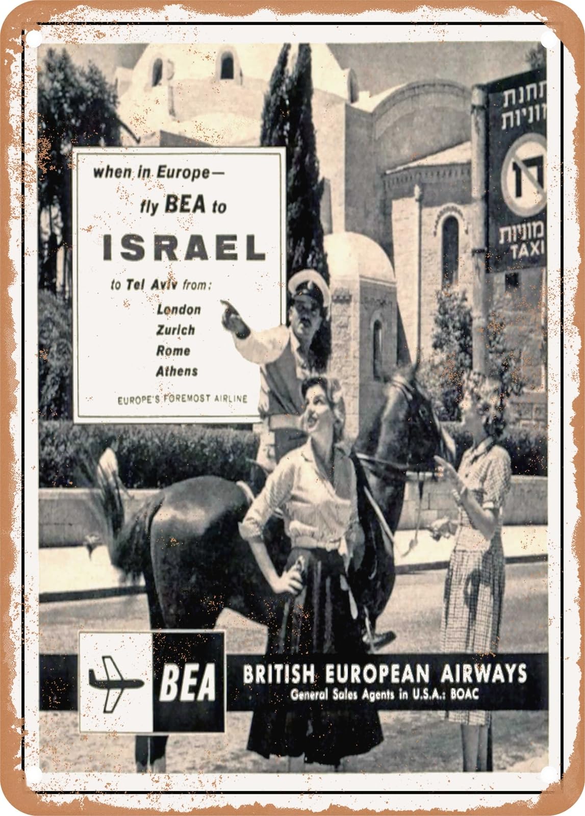 METAL SIGN - 1960 When in Europe Fly BEA to Israel Vintage Ad home decor