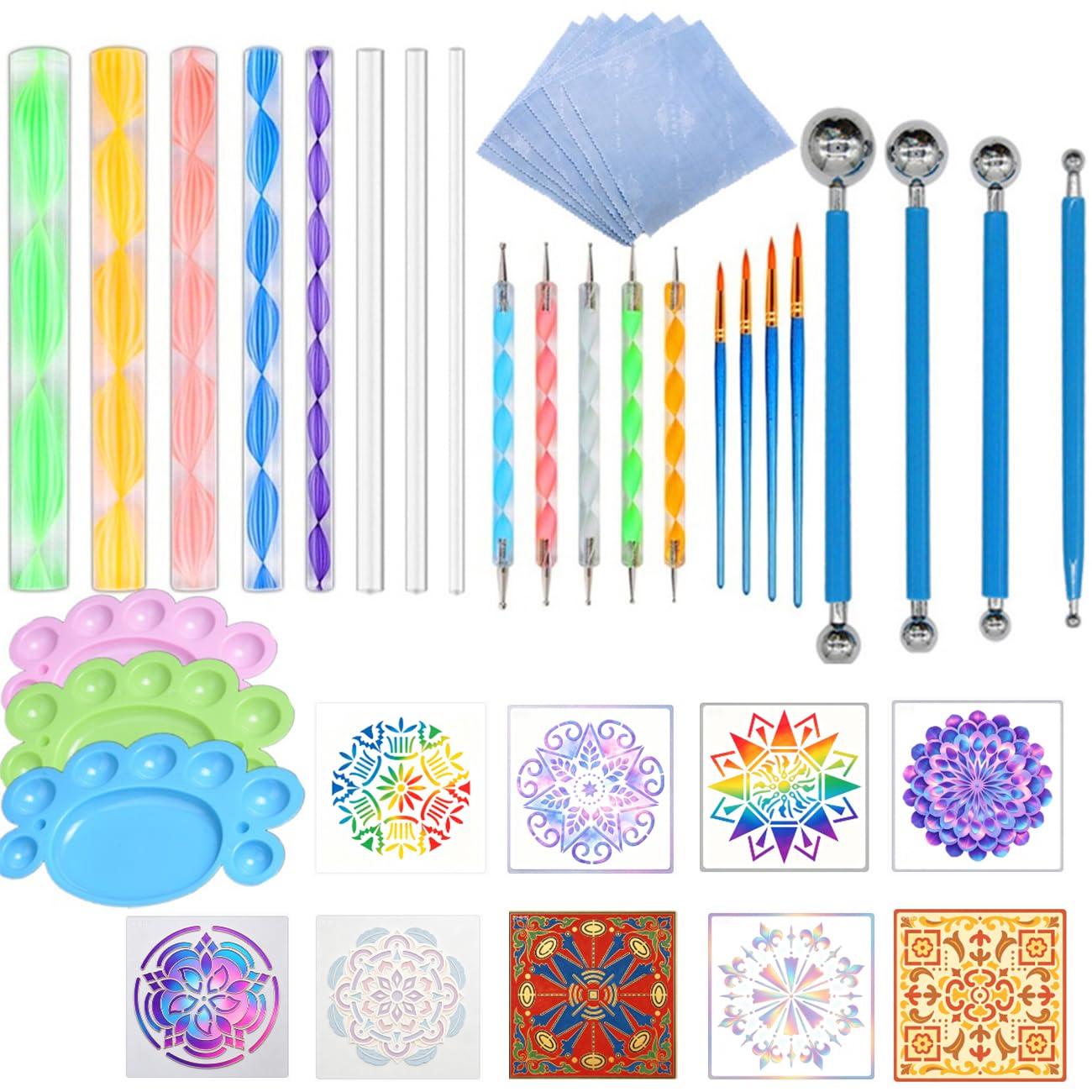Fycooler Mandala Dotting Tools Stencil Kit Paint Tray with Double-Ended Ball Stylus Pens and Acrylic Rods for DIY Nail Arts, Rock Stone Painting Canvas Dotting Tool Pottery Craft Sculpture