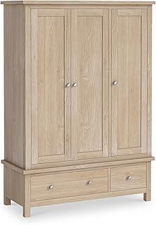 Farrow Oak Triple 3 Door Wardrobe for Bedroom with Drawers | Large Contemporary Washed Oak Solid Wood Closet Storage Solutions Unit with Hanging Rail