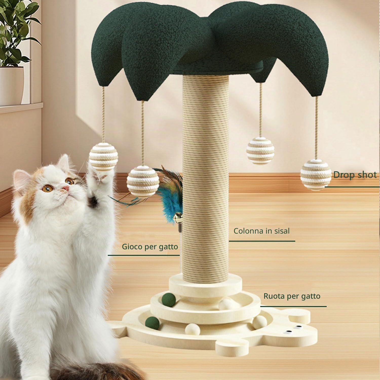 Giocattolo interattivo per gatti 6 in 1, in legno, con palline sospese, piume, girevole, Smart Track Ball, albero tiragraffi in sisal e iuta per gatti piccoli e medi