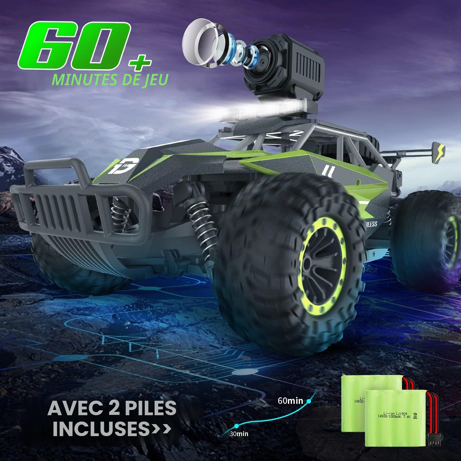 DEERC Voiture télécommandée avec caméra HD 1080P, Voitures RC à l'échelle 1:16 avec éclairage châssis et phares à LED, véhicule Jouet Monster Truck Haute Vitesse 2,4 GHz, Cadeau pour Enfants garçons