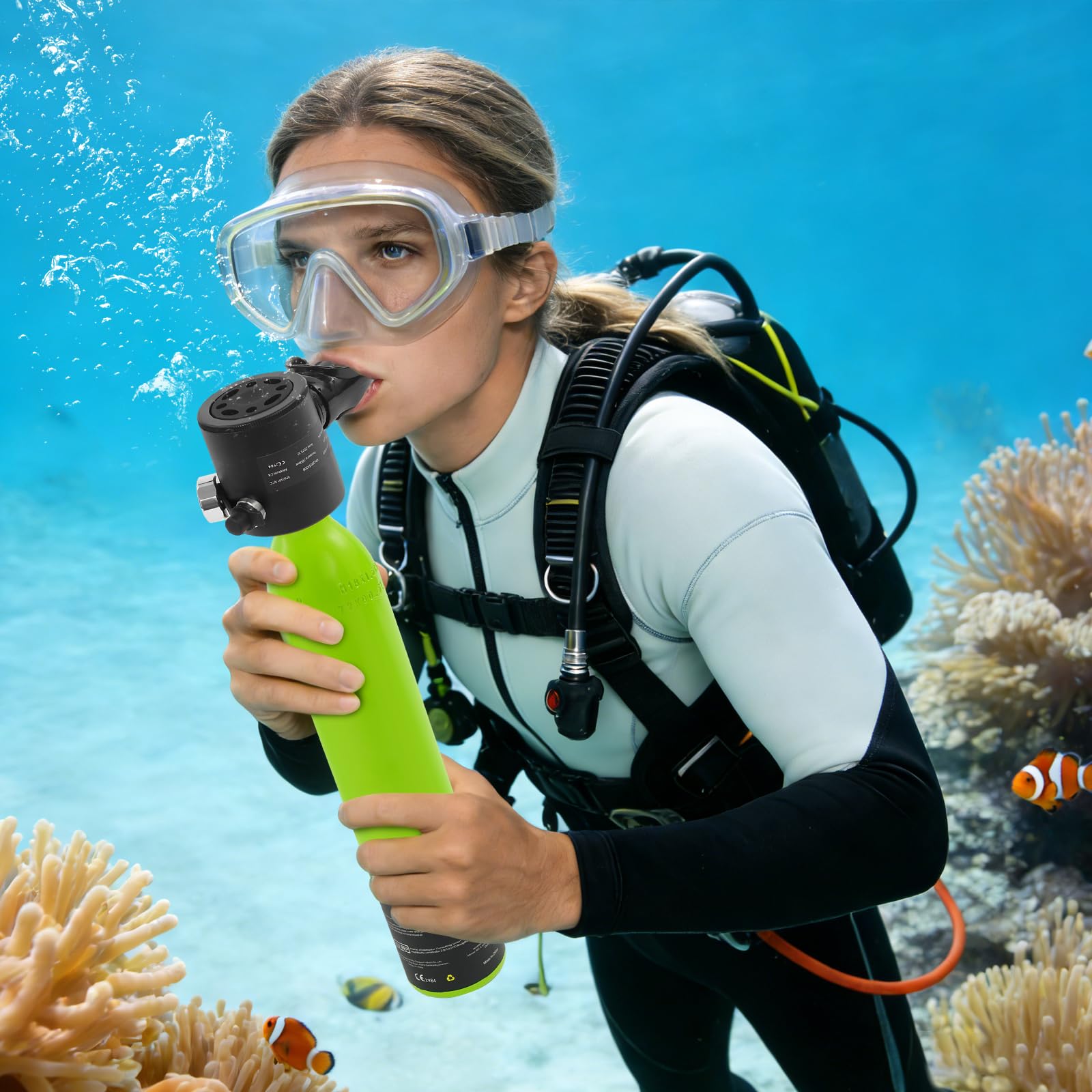 0.5l Tauchflasche, Mini sauerstoffflasche mit Vollgesichts-Schnorchelmaske, Tragbare Mini-Tauchflasche, Reicht für 5-10 Min, Mini Tauchflasche mit Pumpe für Reisen und Tauchen