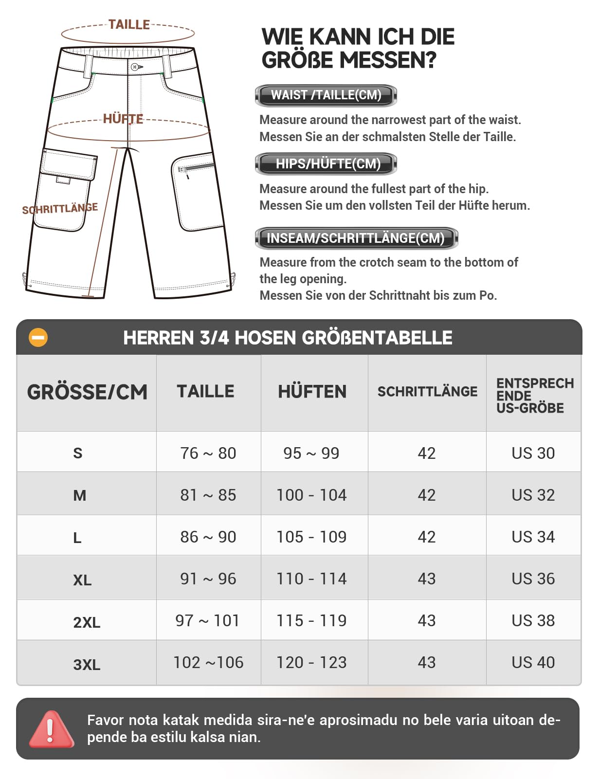 Moosehill Short 3/4 pour homme, cargo, bermuda, short de plein air, 6 poches, léger, imperméable, pantalon cargo, pantalon de randonnée, pantalon de travail, VTT, sports de plein air, short d'été