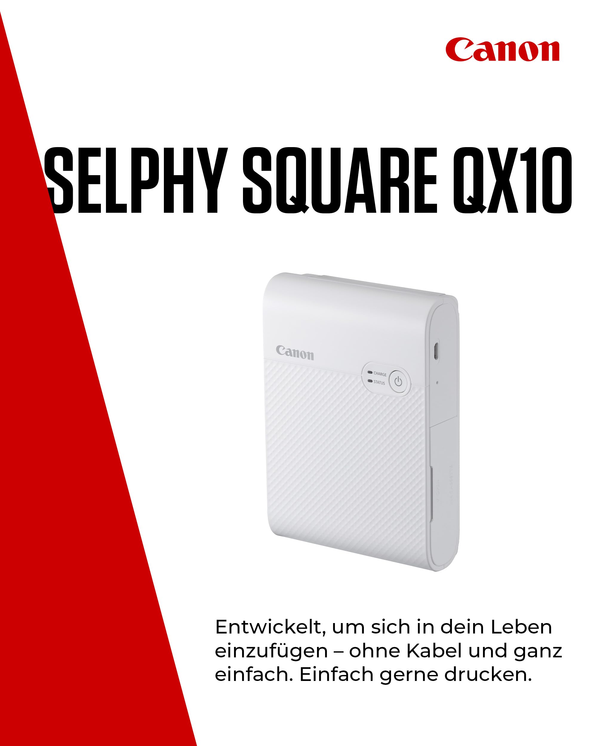 Canon SELPHY SQUARE QX10 Mini Fotodrucker mobil tragbar unterwegs (quadratischer Druck 6,8 x 6,8cm mit Kleberückseite, eingebauter Akku, WLAN, Canon App, Thermosublimation) weiß [+ 3er Druck-Set]