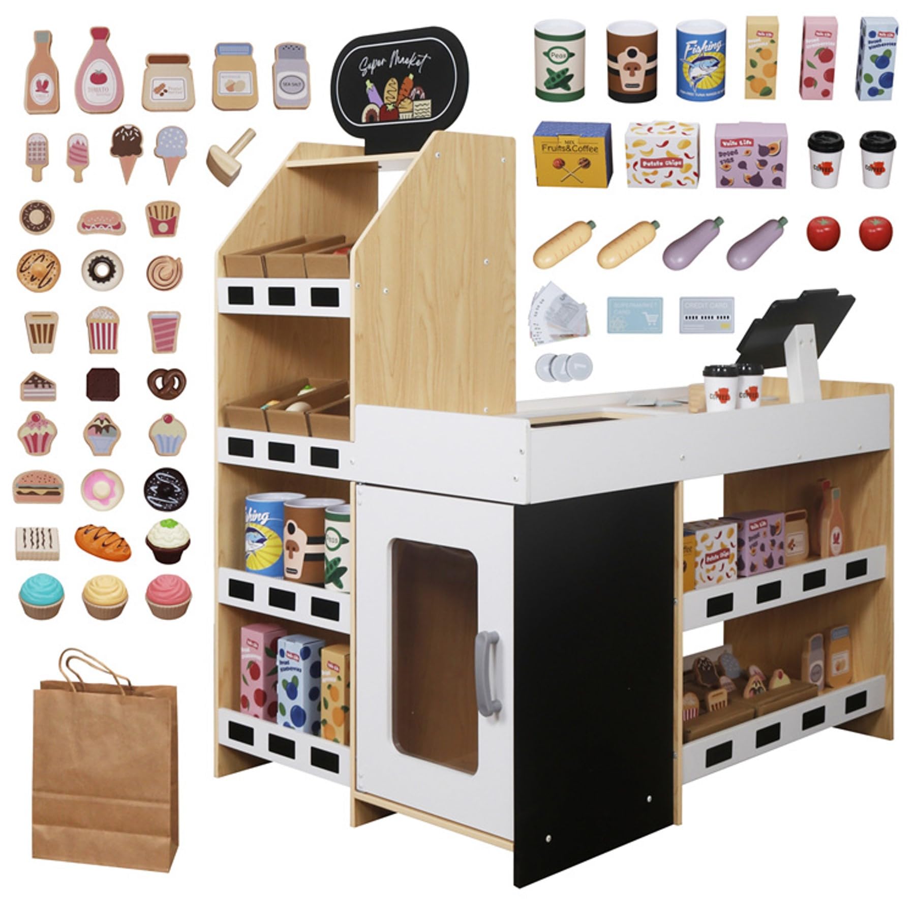 Holz Kaufladen Kinder Supermarkt Weiß – Spielküche Einkaufsladen mit Registrierkasse, Lebensmittel, Obst, Gemüse, Süßigkeiten, Fast Food, Spielgeld & Zubehör, Rollenspiel ab 3 Jahren