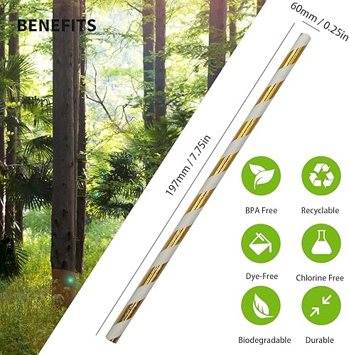 Miniatura 3 de Pajitas de papel a rayas doradas metálicas brillantes, pajitas desechables para decoración de fiestas, pajitas de papel clínico doradas para bodas,