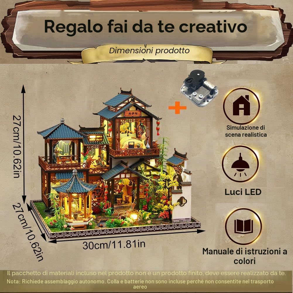 Kit per casa delle bambole montato in legno 3D fai da te in miniatura stile cinese palcoscenico edificio con musica creatività Halloween regalo di compleanno (senza copertura antipolvere)