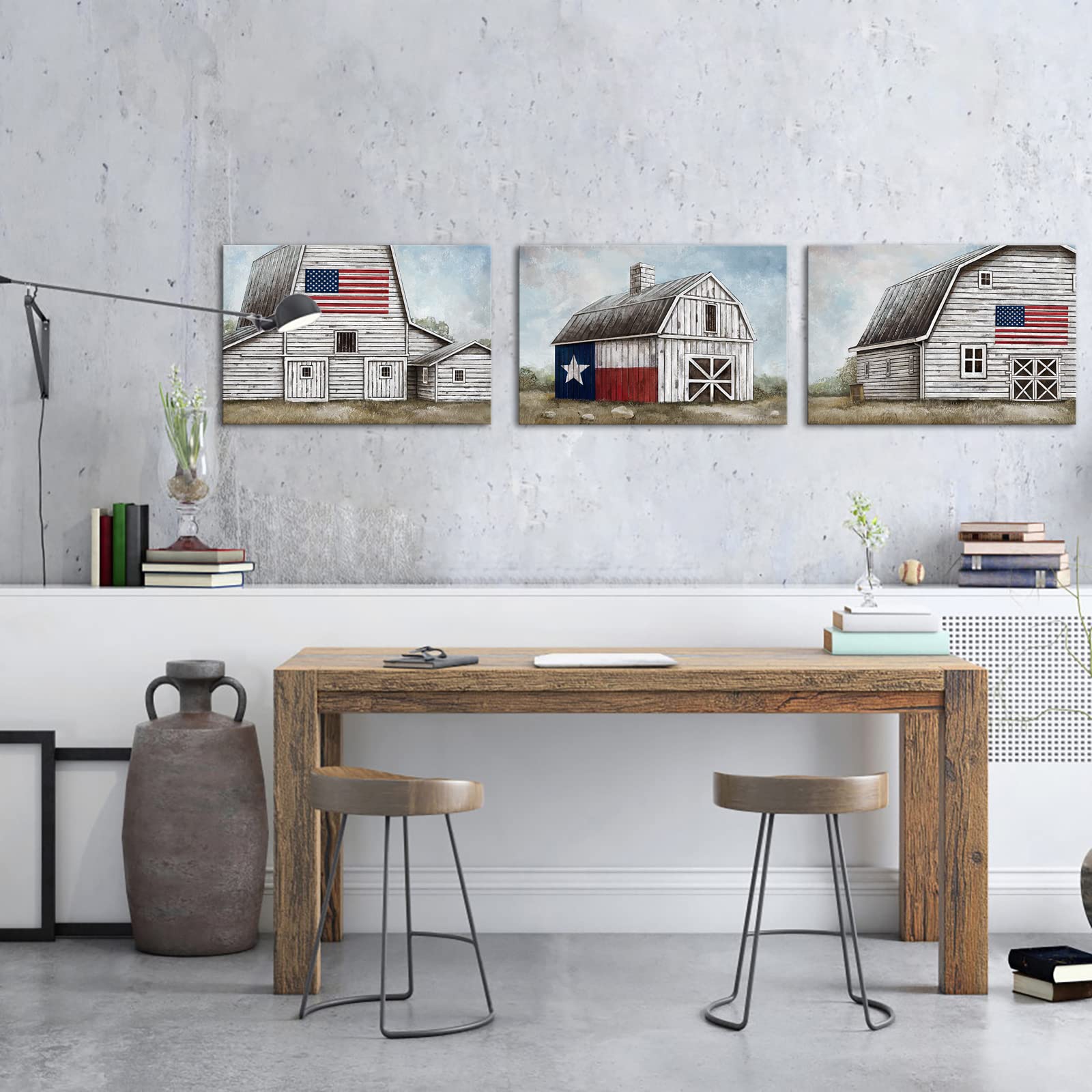 LevvArts 3 Pieces Farmhouse Barn Canvas Wall Art Vintage Cabin with USA Flag Painting Print Rustic Texas Landscape Picture Artwork for Farm Home Country Room Decor (Medium)