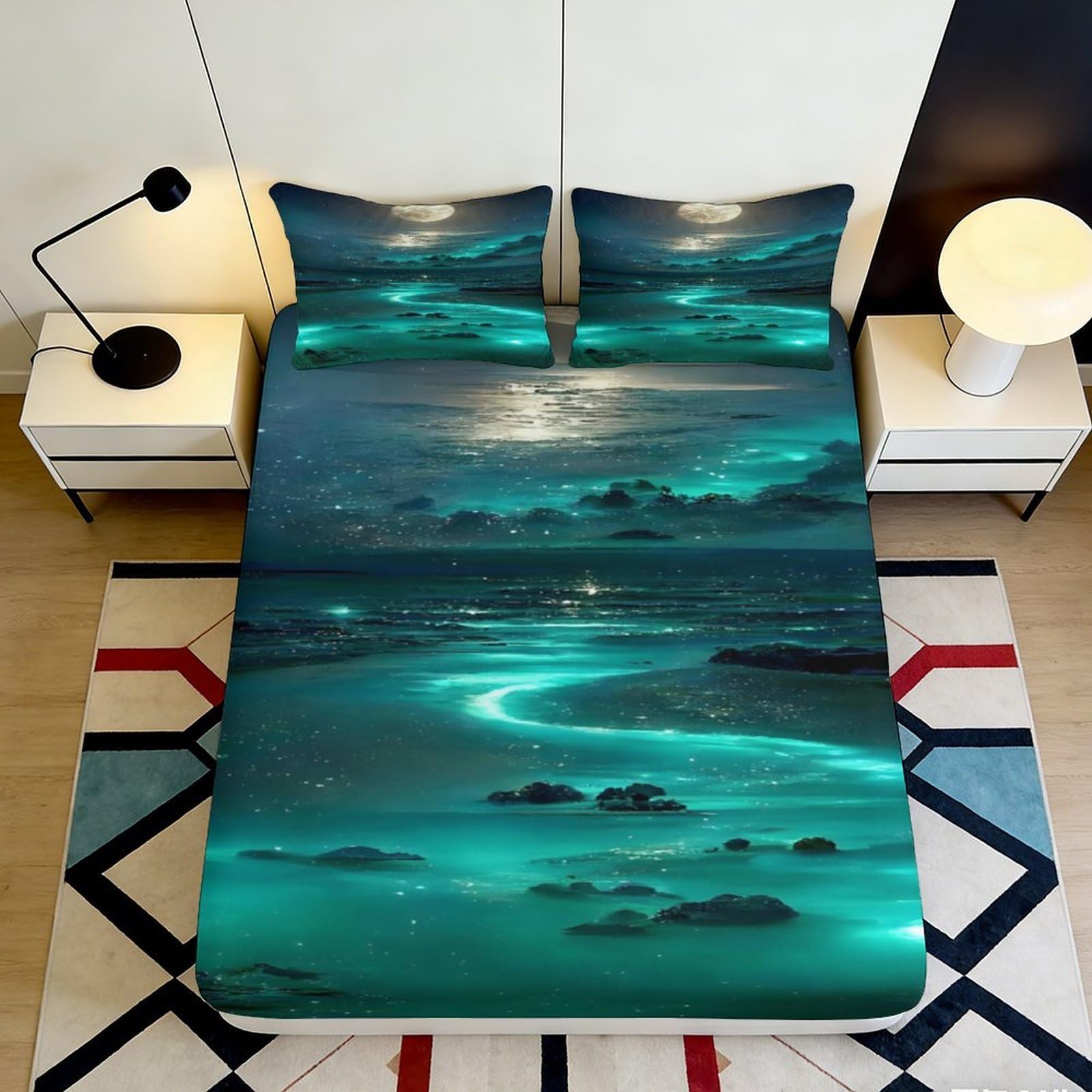 3D Printed Moonlit Ocean Fitted Sheet Microfiber Soft Anti-Slip Aurora Night Mattress Cover Bedroom Decor 120x200x25cm