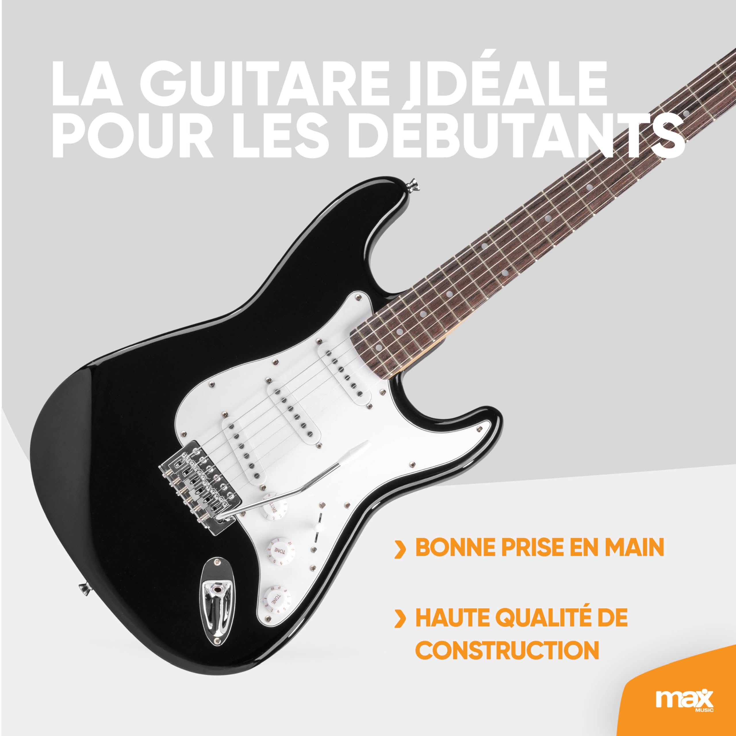 MAX Pack Guitare Électrique GigKit avec Amplificateur 40 Watts - Noir, Livré avec de Nombreux Accessoires, une Housse, des Médiators et un Accordeur Numérique, Idéal pour les Débutants