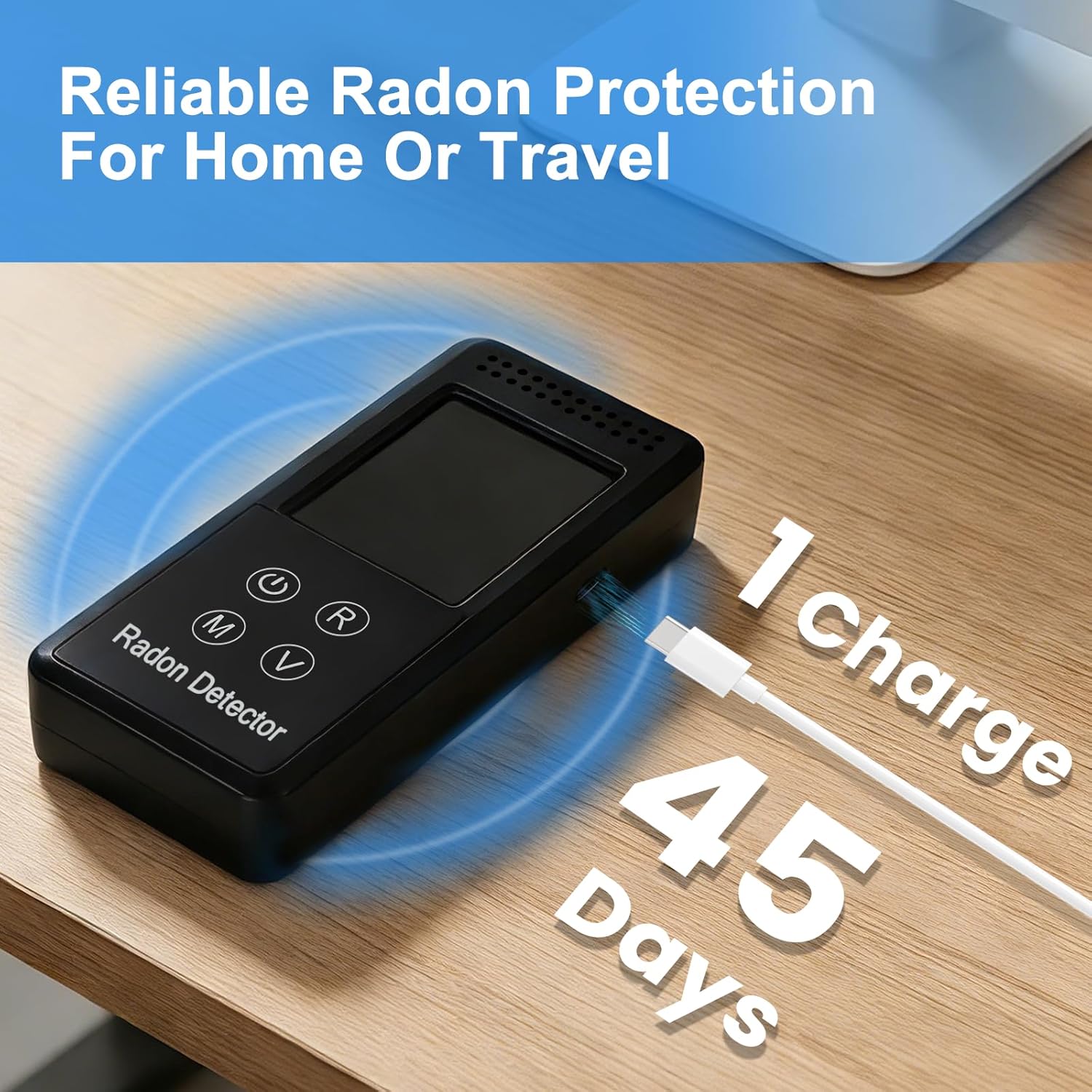 Portable Radon Detector, Rechargeable Radon Test Kit for Home with High-Precision Sensor, Real-Time Monitoring, Short & Long-Term Tracking, 45-Day Battery Life for Travel & Indoor Use, Black