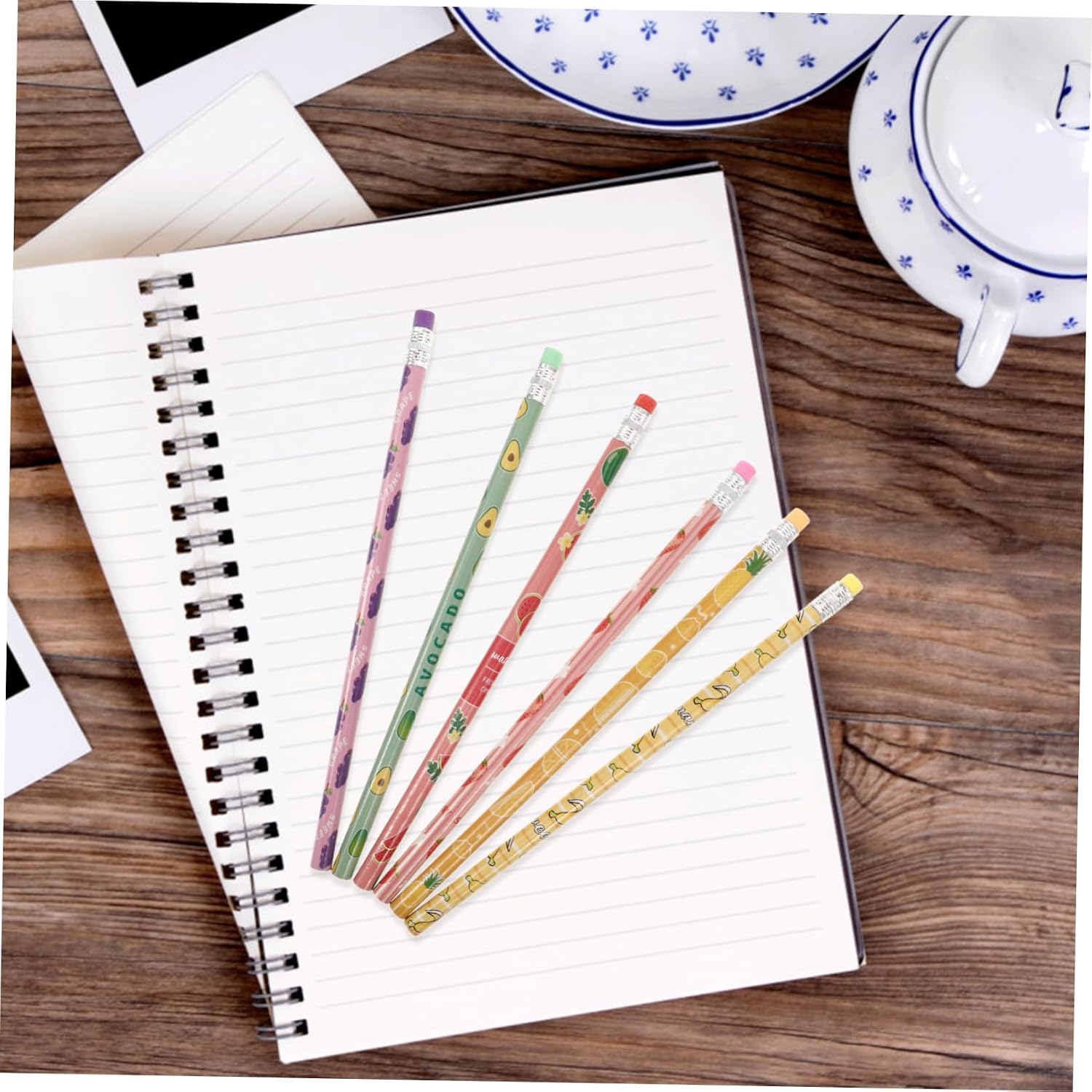 Vaguelly 24pcs Cute Cartoon Fruit Pencils for Boy Girl Wooden Writing Pencils with Erasers for School Drawing and Kindergarten Rewards