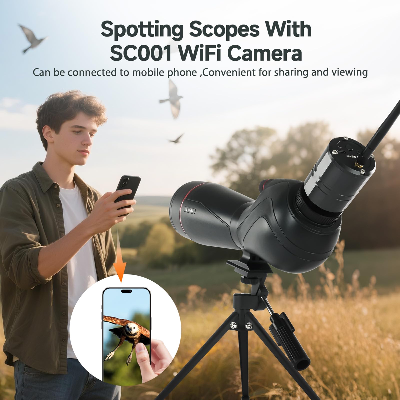 SVBONY SV406 20-60x80 Spotting Scope with Tripod,SC001 WiFi, 3-Axis Adjustable Adapter,HD Optical System with BAK4 Prism, Waterproof & Fogproof, Spotting Scopes for Target Shooting, Bird Watching