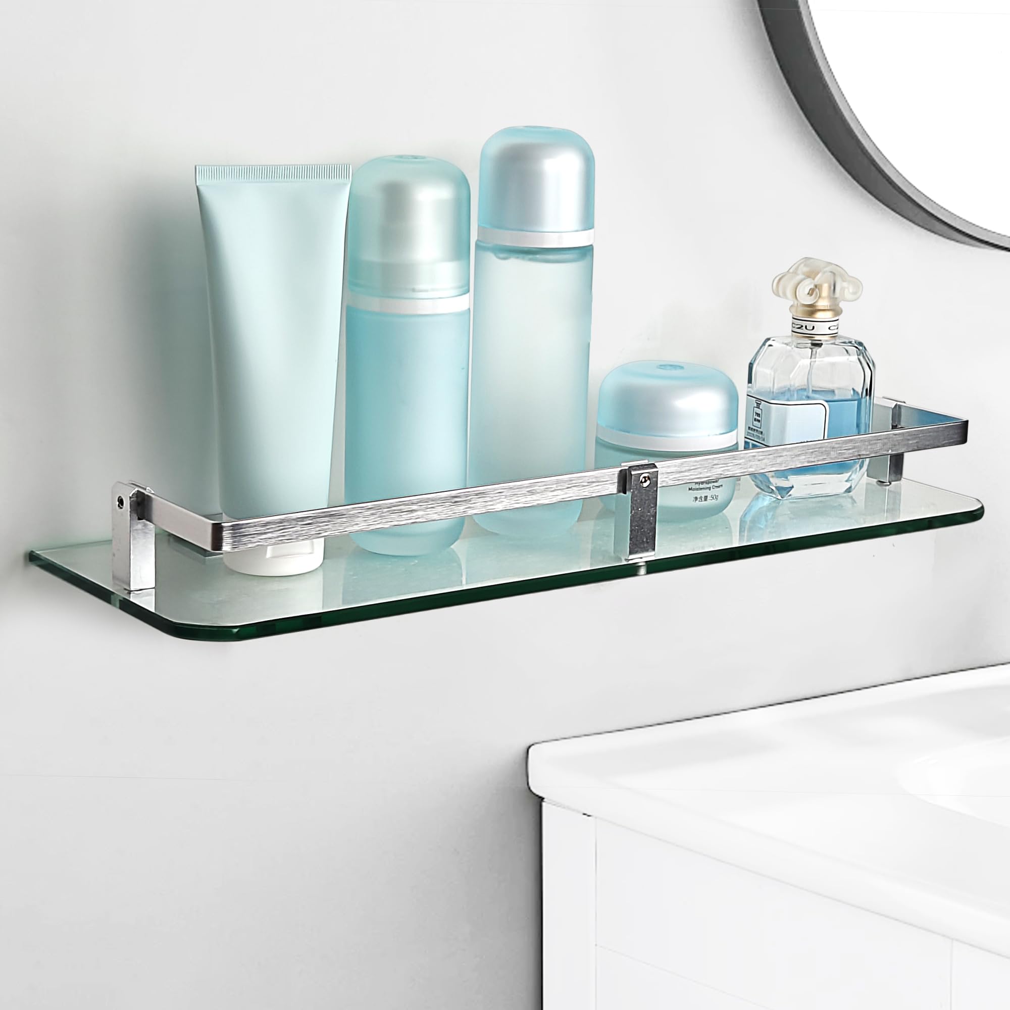 Estantes de cristal de baño montados en la pared, estante de baño de vidrio templado de 40 cm con riel, estante de baño extragrueso de 6 mm