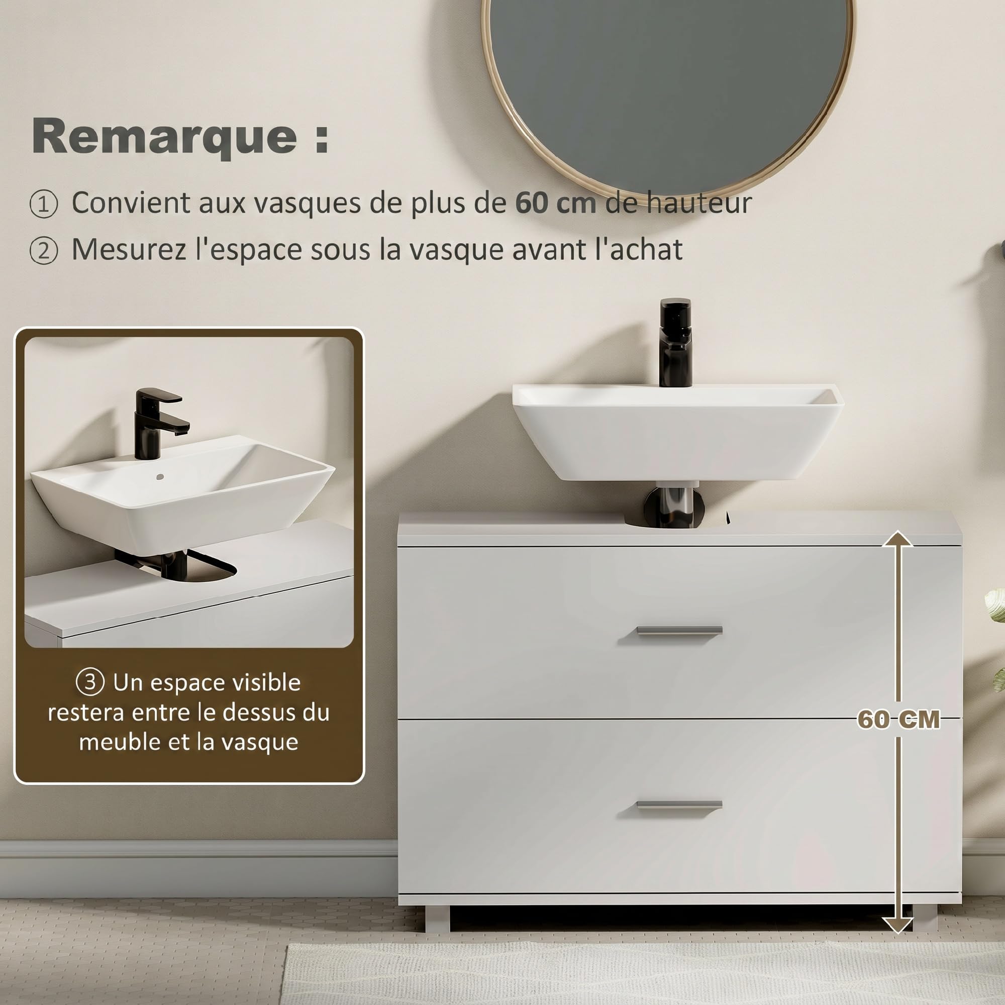 HOMCOM Meuble sous lavabo, Meuble de Salle de Bain avec 2 tiroirs, Armoire de Salle de Bains sous lavabo, Style Moderne, 80 x 30 x 60 cm, Blanc
