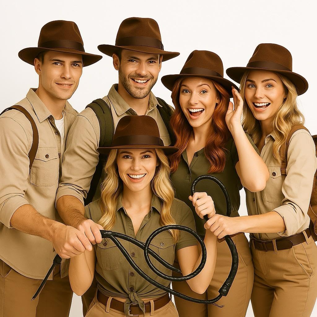 labreeze Set of 5 Brown Explorer Hats for Adults – Classic Adventure Costume Hat for Safari, Jungle, Indiana Jones Themed Fancy Dress, Halloween, and Cosplay