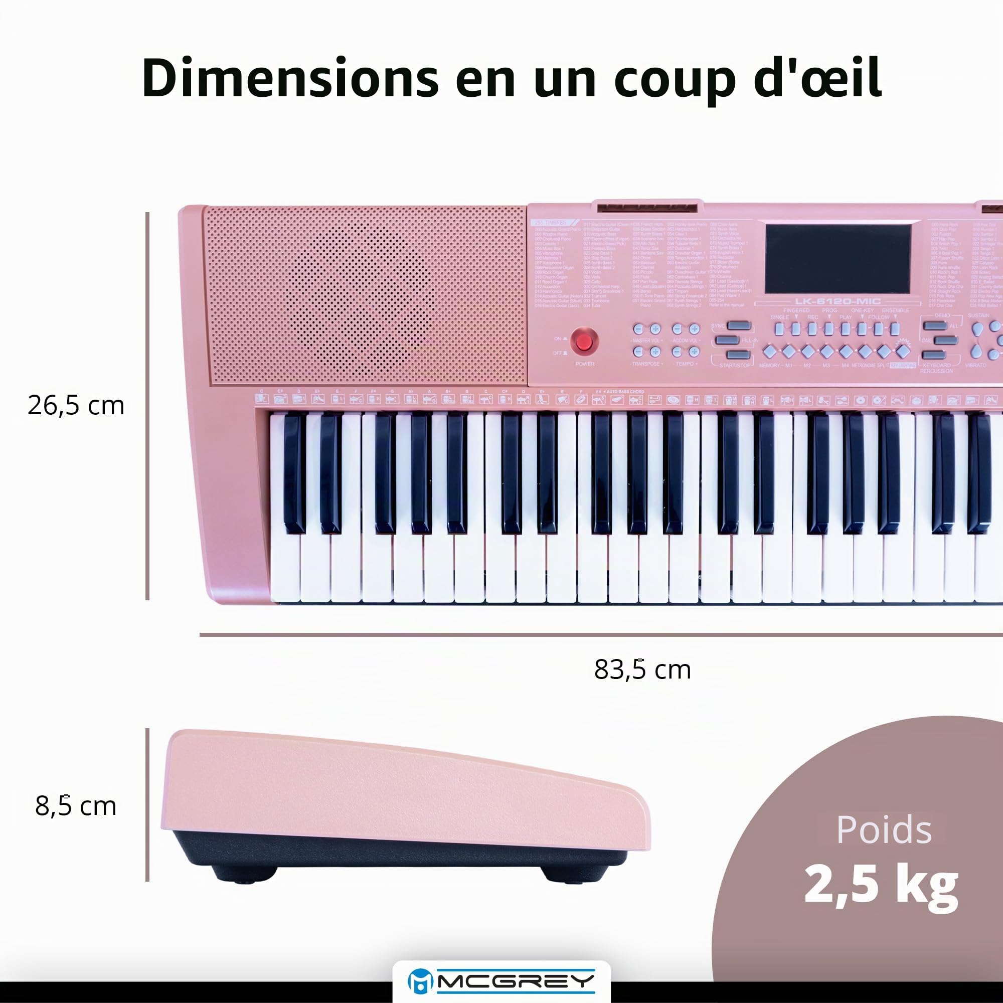 Clavier À Touches Lumineuses McGrey LK-6120-MIC Avec Micro – Set, 255 sons | Clavier pour débutants avec 61 touches lumineuses, 255 rythmes, 61 sons de percussion, 50 morceaux démo, Sustain/ Vibrato