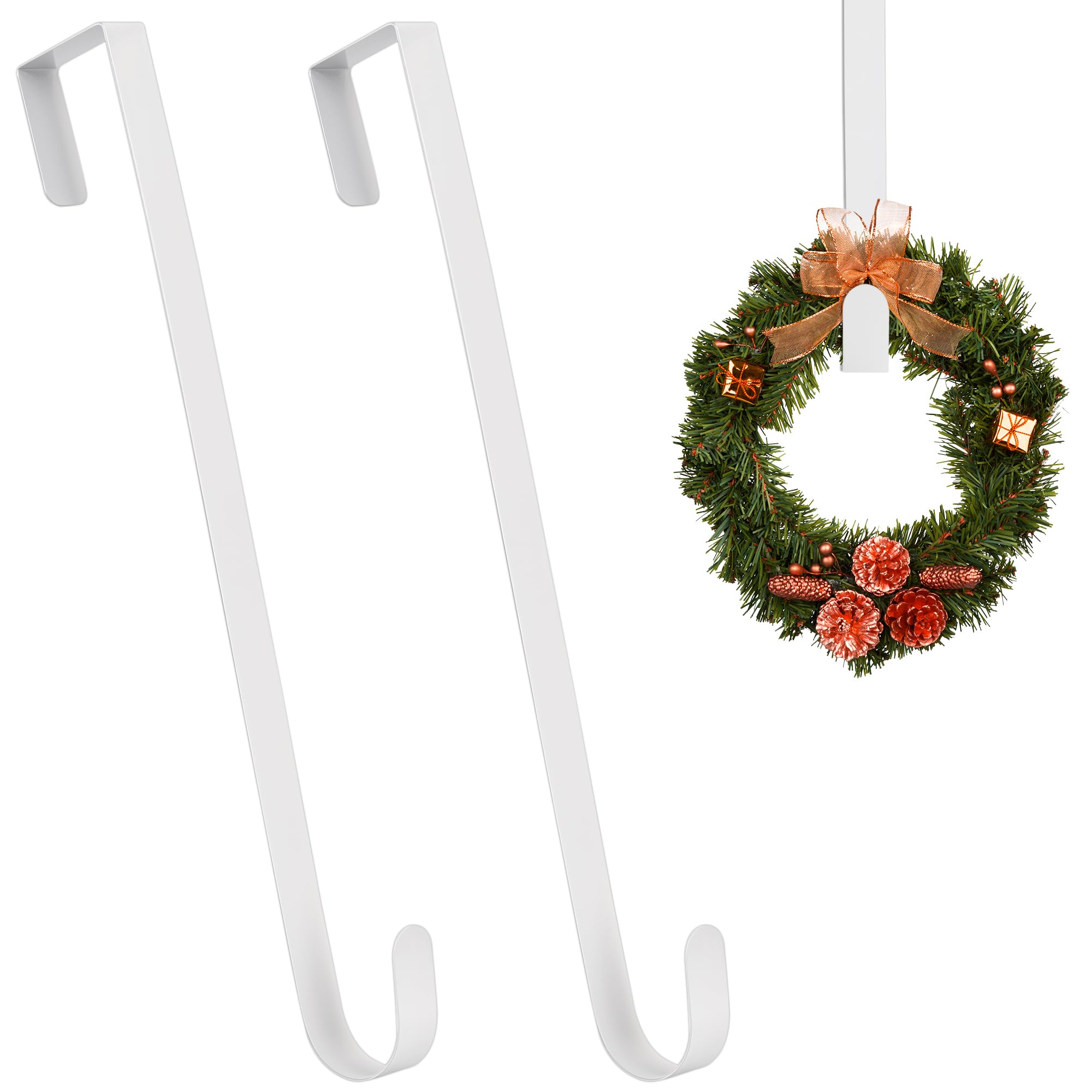 Trimming Shop White 15" Metal Wreath Door Hanger 2 Pack – Over Door Hooks for Wreaths, Entryway Christmas Decorations, Holiday Front Door Display, Floral Décor