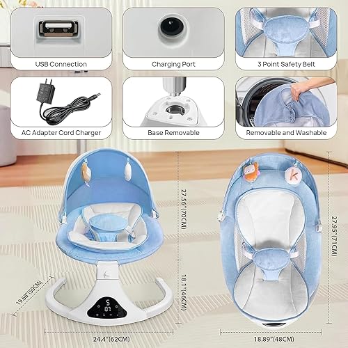 Miniatura 6 de Columpio inteligente para bebé con Bluetooth con control remoto, balanceo suave de 5 velocidades, columpio portátil para bebés con asiento lavable a