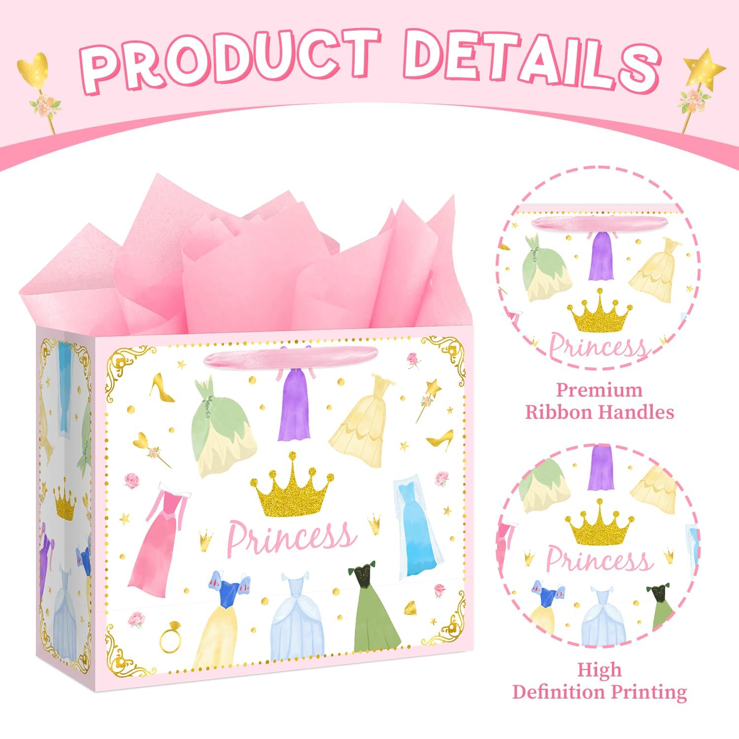 Reyoust 13” Large Princess Themed Gift Bags With Handles and Pink Wrapping Paper Greeting Card Crown Dress Design Gift Bag for Girls Birthday Party Baby shower Decor 1Pcs 13" L x 10.2" H x 4.9" W