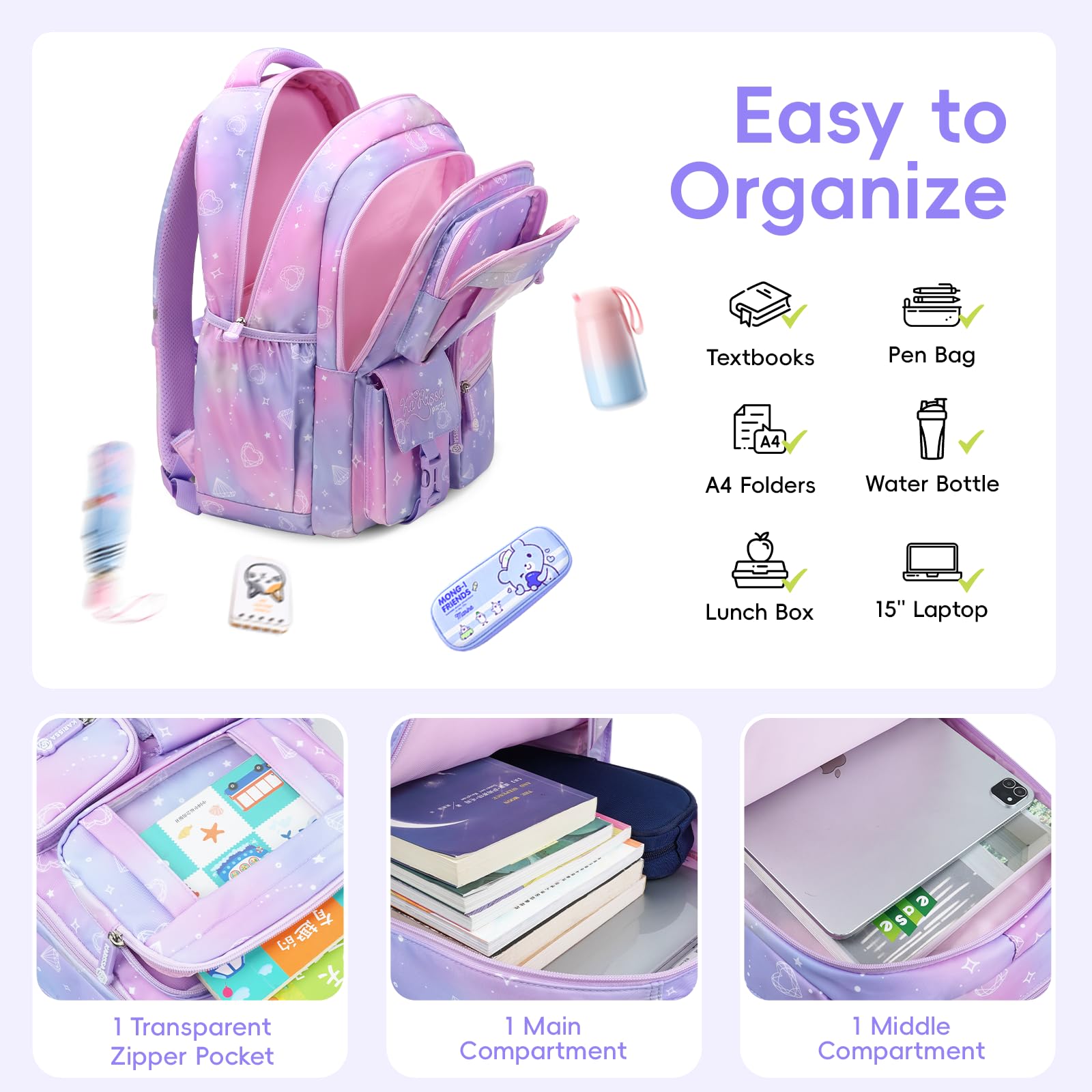 Tanou Set di Zaino Scuola Elementare Bambina alla Moda | 3 Pezzi Traspirante Zaini per Bambini con Borsa Termica e Astuccio, Kawaii Zaino Ragazza in Nylon con Ciondolo, Viola