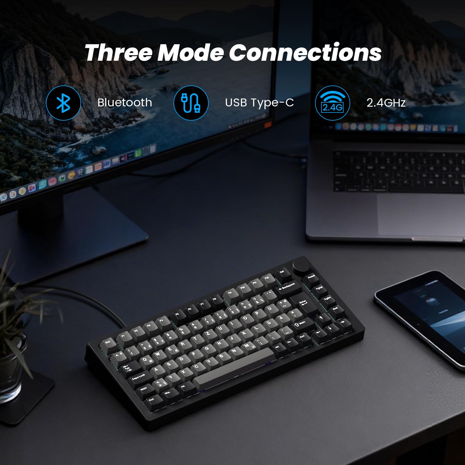 MONSGEEK M1V5 TMR Tastatur Aluminium 8000Hz Magnetisch ISO DE QWERTZ Layout | RT0.01mm, Gasket Mount,2,4 GHz kabellos/BT5.0/USB-C kabelgebunden für Spiele/Büro(Schwarz & Silber)