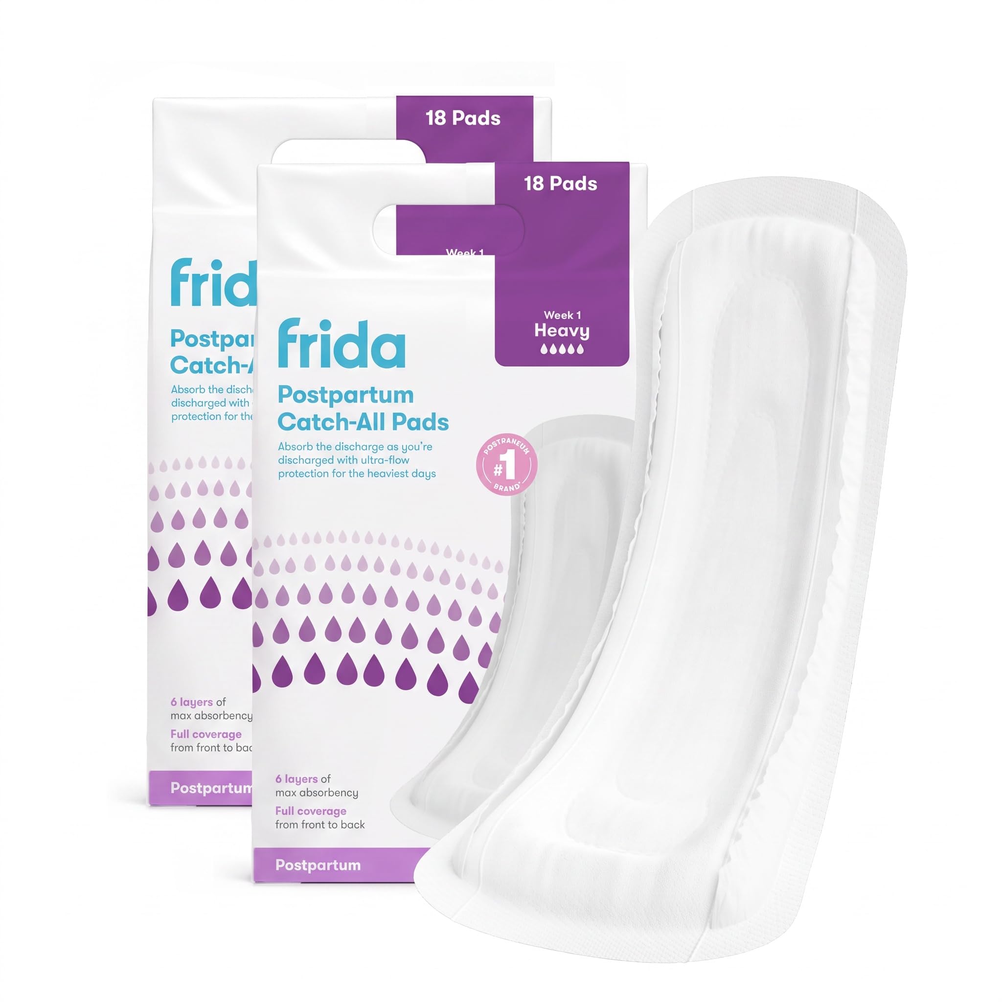 Frida Mom Postpartum Pads, Leak Proof Feminine Care Maxi Pads, 6 Layers of Protection for Maximum Absorbency (18ct) (Pack of 2)