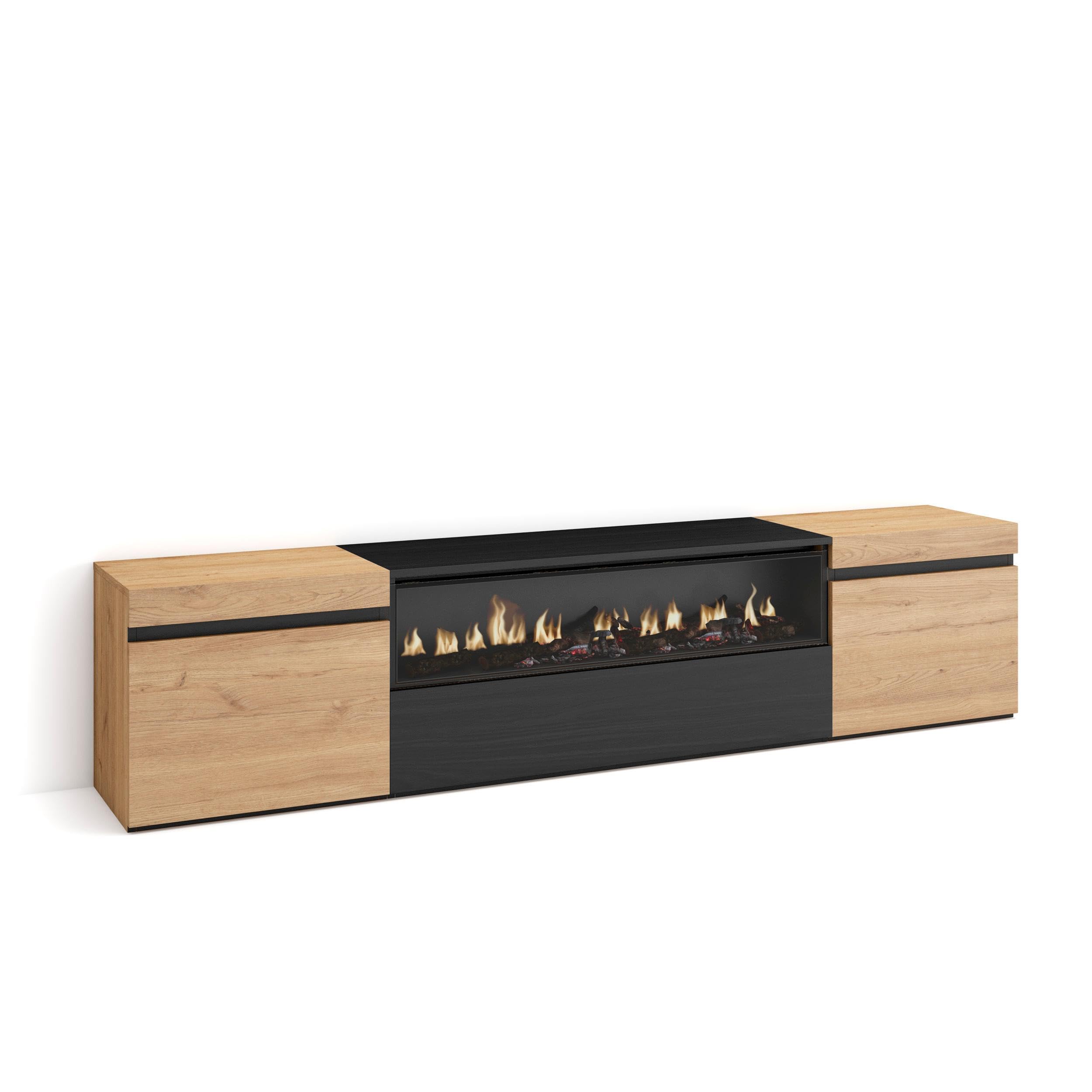 Skraut Home | Mueble TV | Televisión | Muebles de salón, almacenaje | 200x45x35cm | para TV hasta 80" | Chimenea eléctrica | Estilo Moderno | Roble y Negro