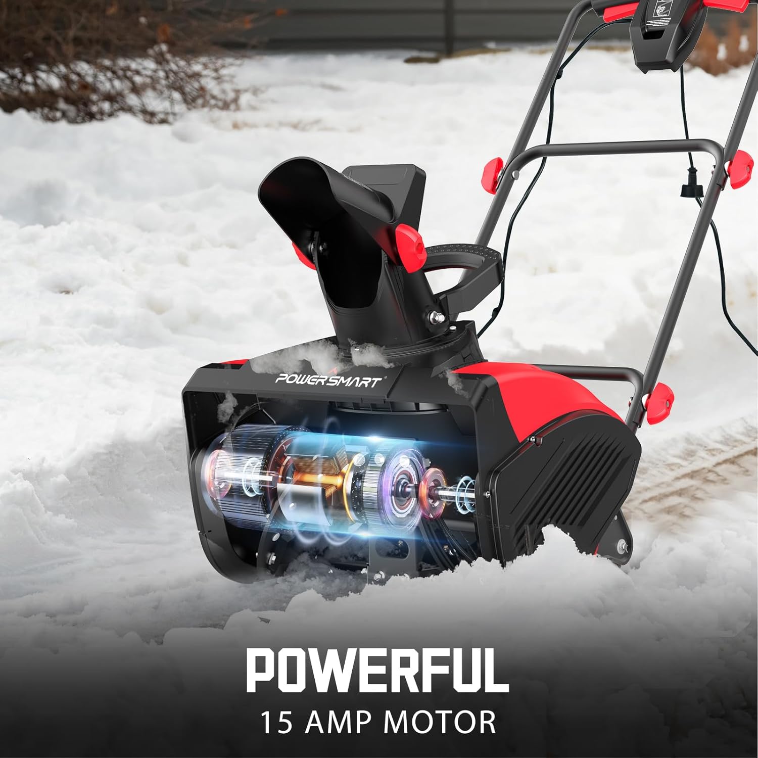 Primer plano interno view of the PowerSmart snow blower's 15 Amp motor.