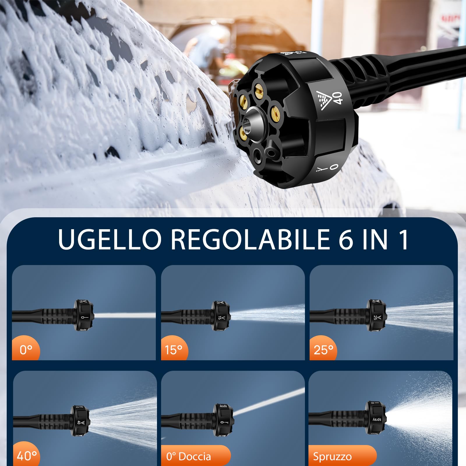 Idropulitrice a batteria,45bar 652PSI Idropulitrice Elettrica portatile, con Ugelli 6 in 1, 5m Tubo, 3000mAh Batterie e Caricabatteria per Lavaggio, Auto, Giardino, Terrazza, Prato e Annaffiare Fiori