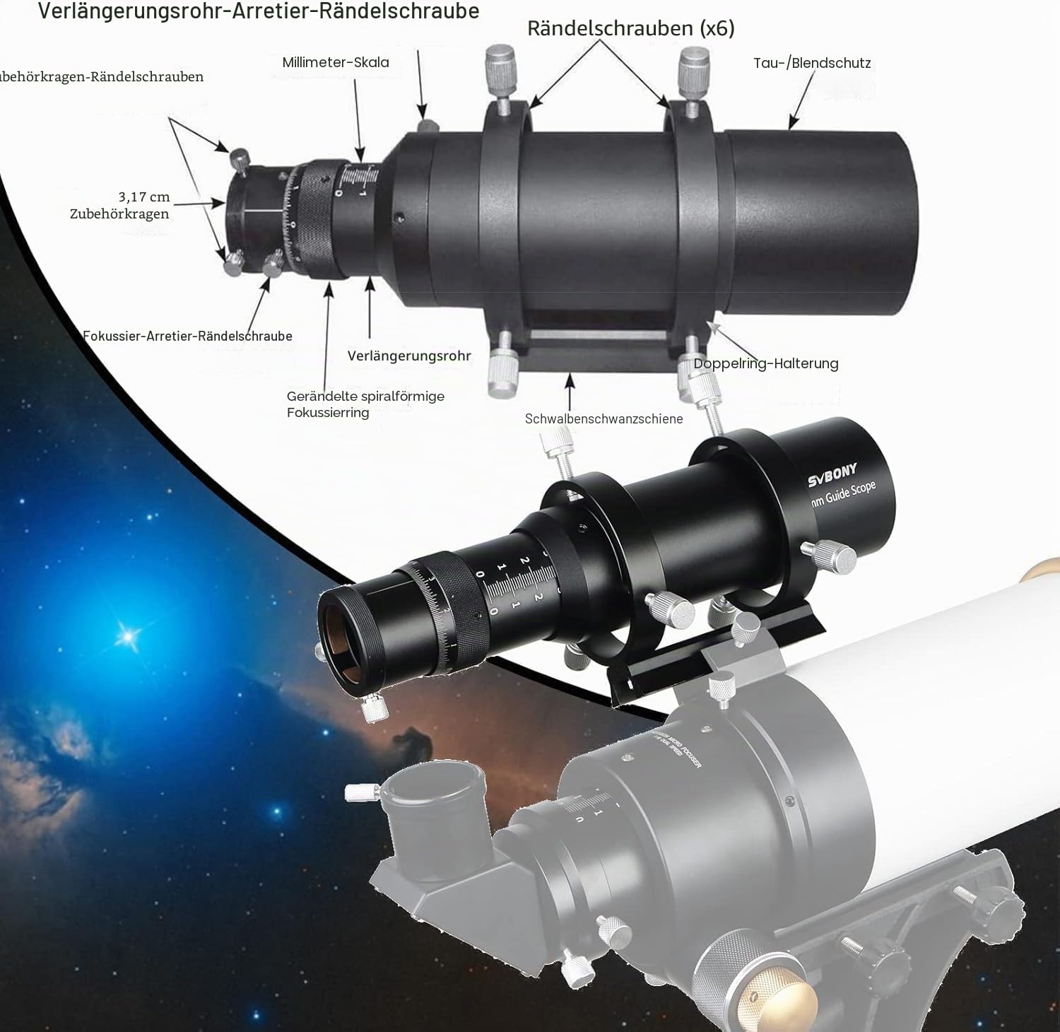 Svbony SV106 Guidescope, 60mm FMC Sucherfernrohr mit 240mm Brennweite Helical Fokussiergerät, Teleskop Sucher Zubehör für Teleskop Astrokamera Autoguide Astrofotografie