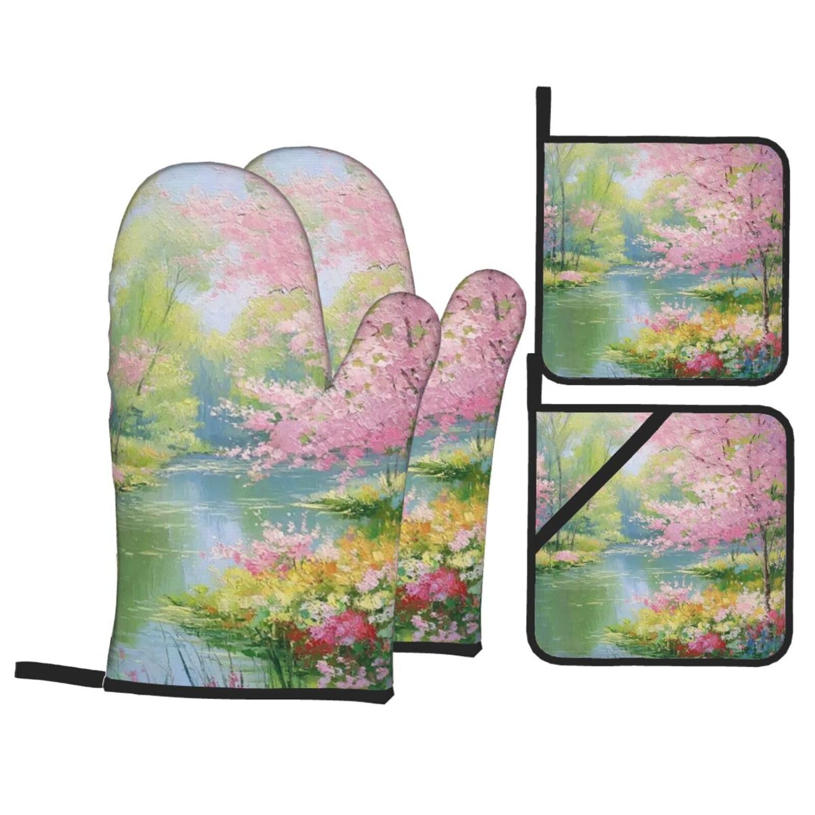 guanti barbecue Piante Rosa guanti forno,resistenti al calore, antiscivolo, spessa e sicura Cucina al barbecue